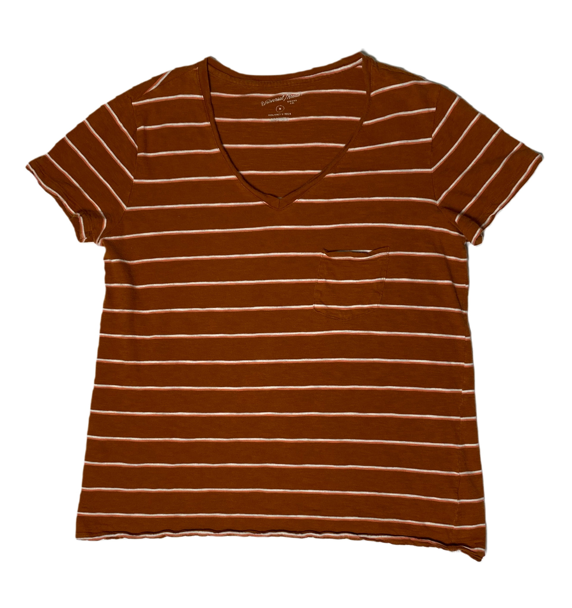 Universal Threads V-Neck Rust Striped T-shirt Universal Threads rust with cream stripes short sleeve v-neck one pocket t-shirt.