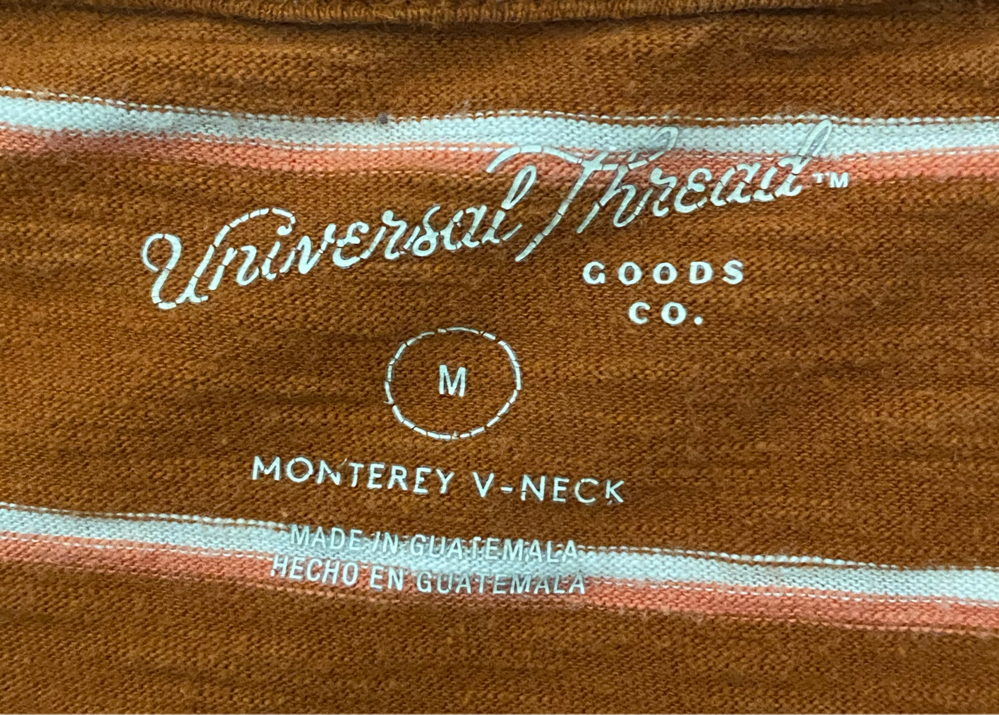 Universal Threads V-Neck Rust Striped T-shirt Universal Threads rust with cream stripes short sleeve v-neck one pocket t-shirt.