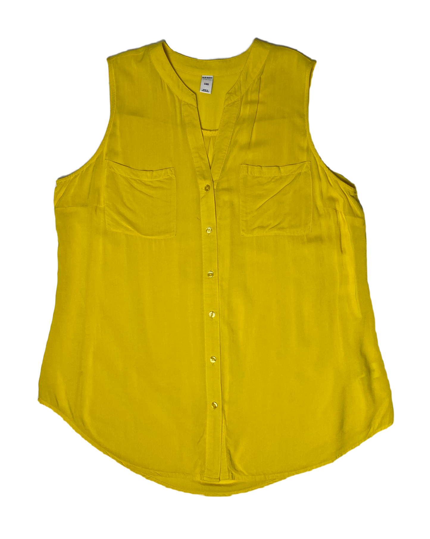 Old Navy Yellow Sleeveless Shirt Old Navy yellow sleeveless button front notch collar shirt with front pockets.