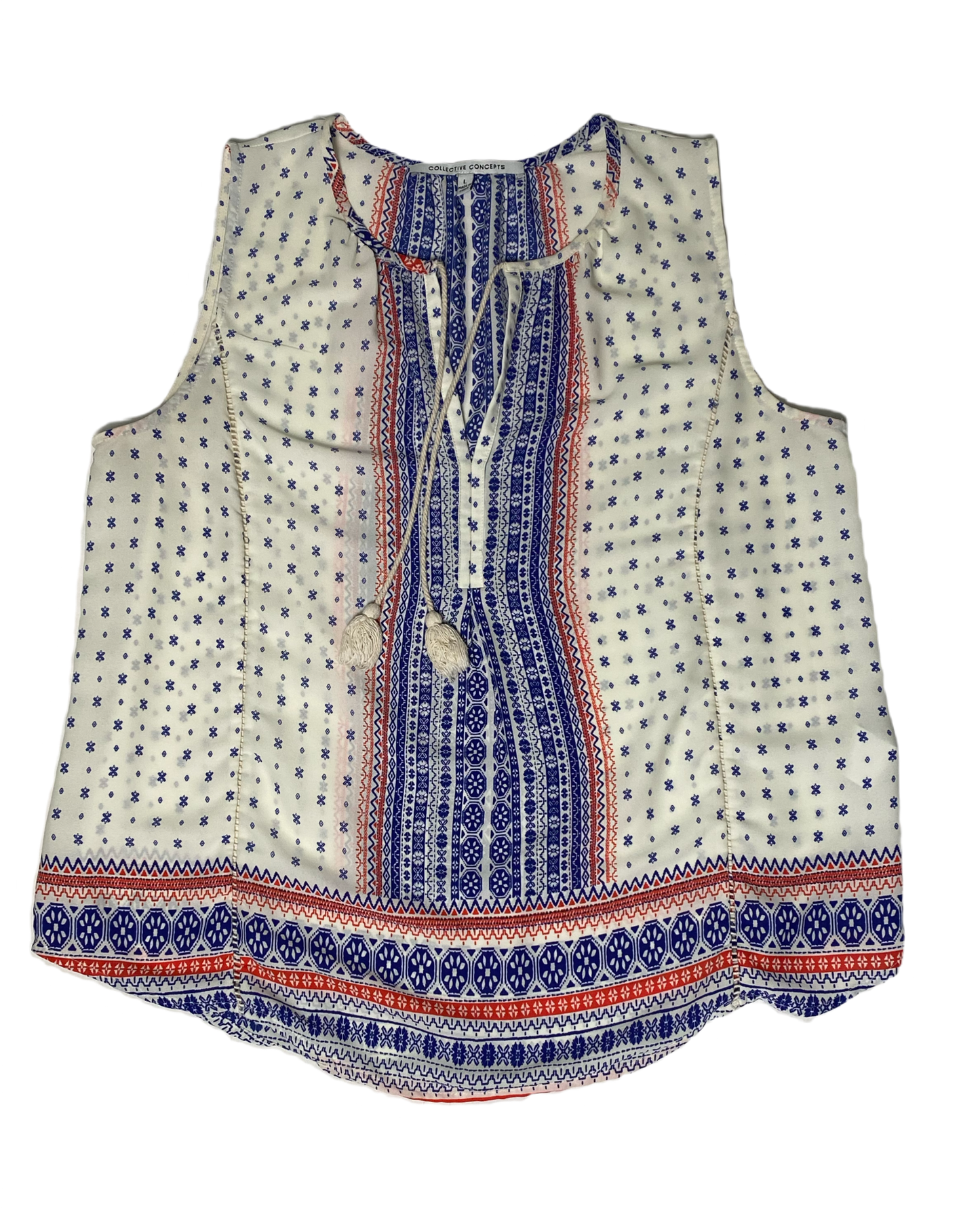 Collective Concepts Sleeveless Print Blouse Size L Experience the perfect blend of style and comfort with our Collective Concepts Sleeveless Print Blouse! Featuring