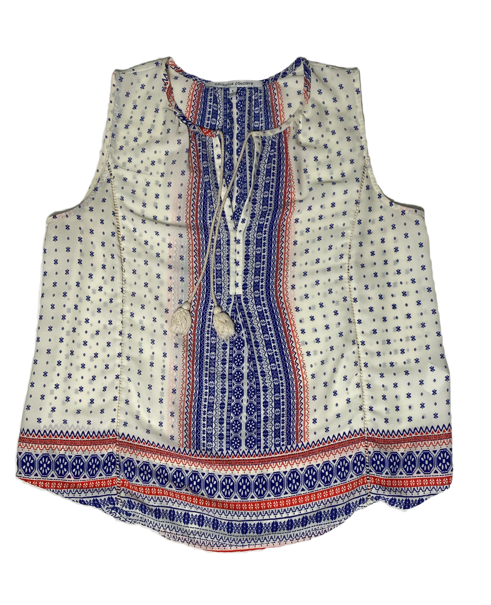 Collective Concepts Sleeveless Print Blouse Size L Experience the perfect blend of style and comfort with our Collective Concepts Sleeveless Print Blouse! Featuring
