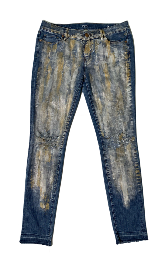 REFRESHED- Ann Taylor LOFT Hand Painted Denim JeansRefreshed- Ann Taylor LOFT distressed hand painted metallic silver and gold denim jeans. Cute with chunky heels for a fun night out!