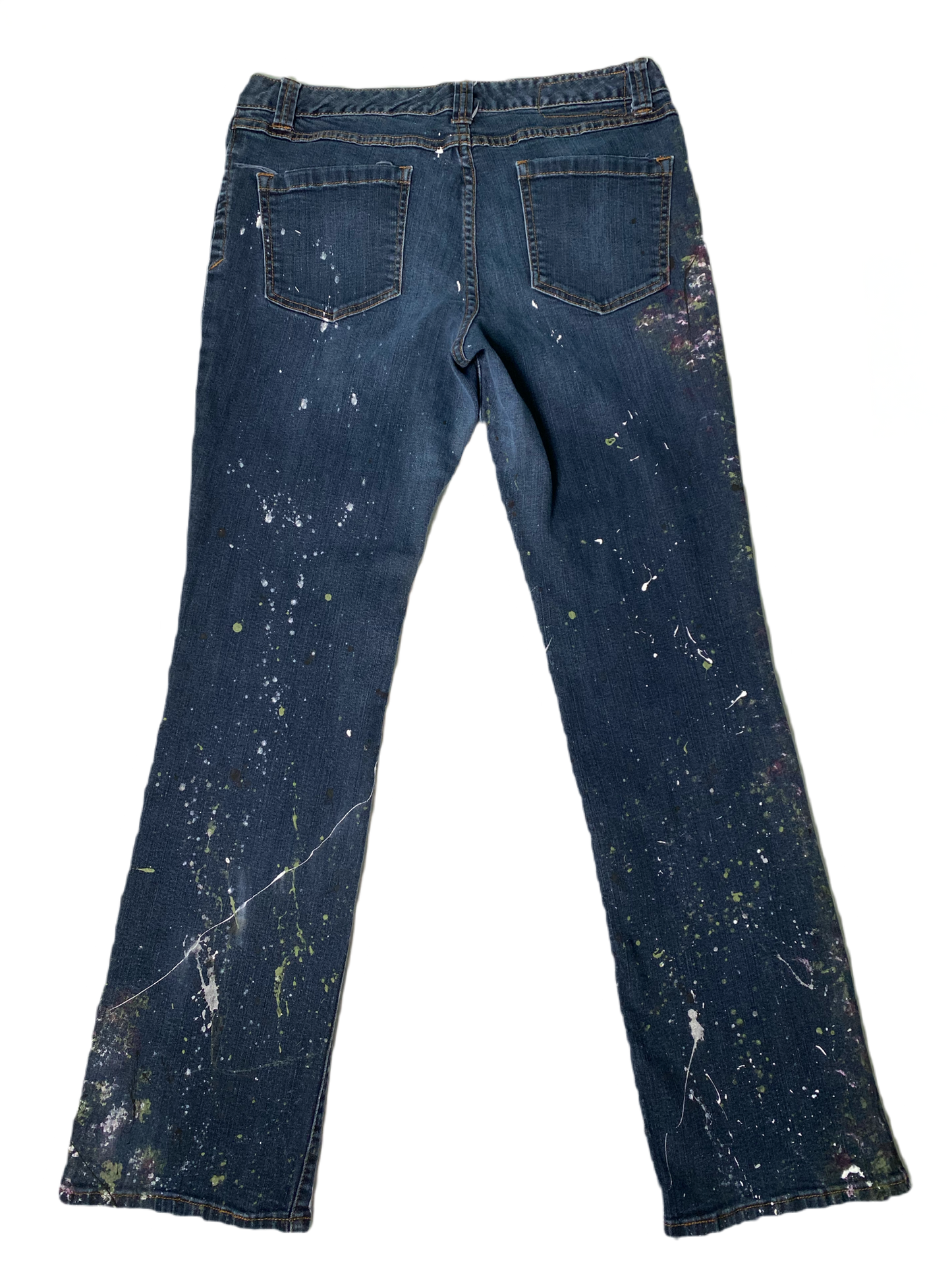 REFRESHED - INC Hand Painted Dark Denim Jeans Size 12 Get ready to make a statement with these REFRESHED dark denim jeans from INC. Featuring a slight flare leg and