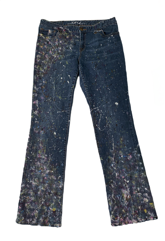 REFRESHED - INC Hand Painted Dark Denim Jeans Size 12 Get ready to make a statement with these REFRESHED dark denim jeans from INC. Featuring a slight flare leg and