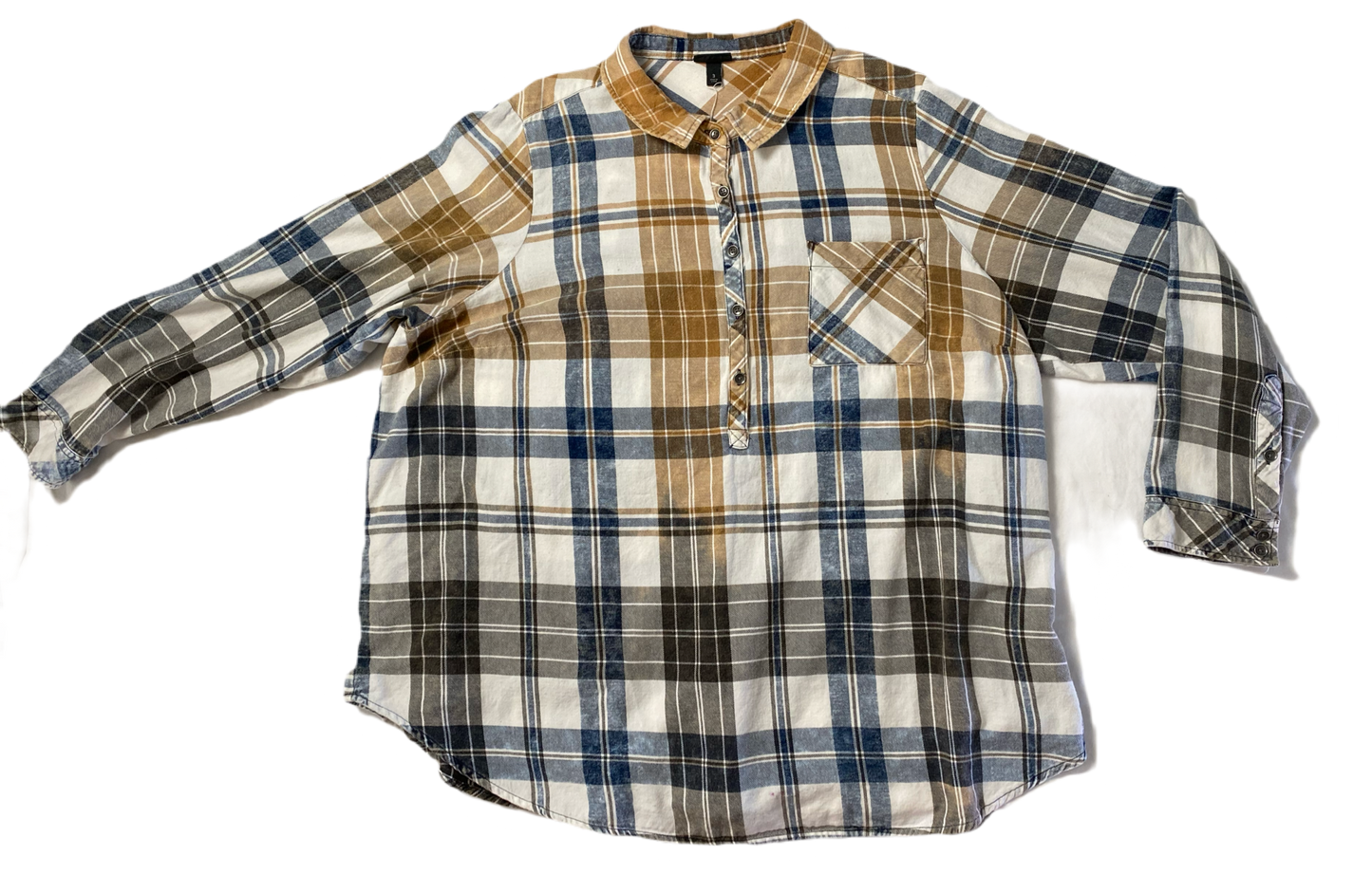 REFRESHED - Torrid Hand Bleached Flannel Shirt Refreshed - Torrid hand bleached long sleeve plaid flannel. Button neck with collar.