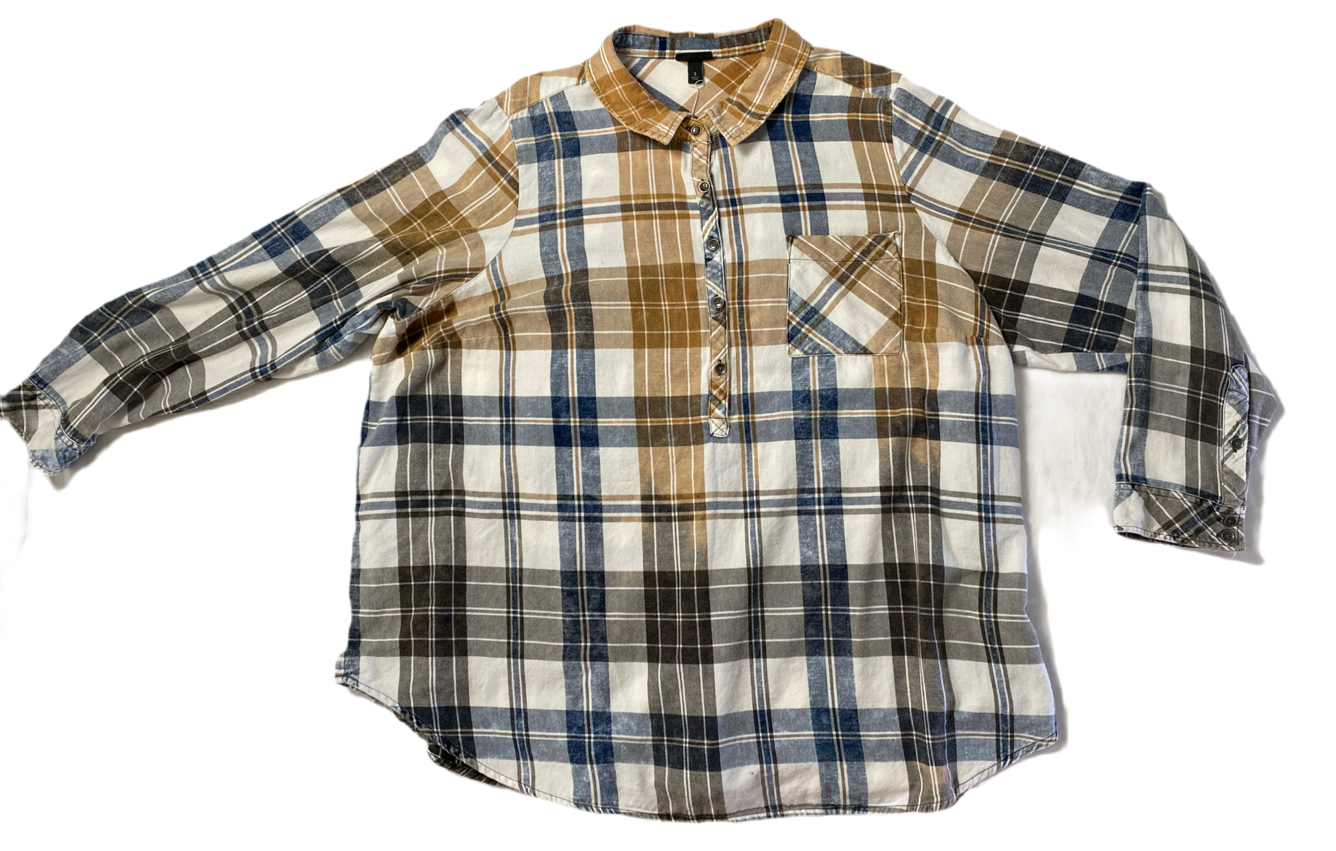 REFRESHED - Torrid Hand Bleached Flannel Shirt Refreshed - Torrid hand bleached long sleeve plaid flannel. Button neck with collar.