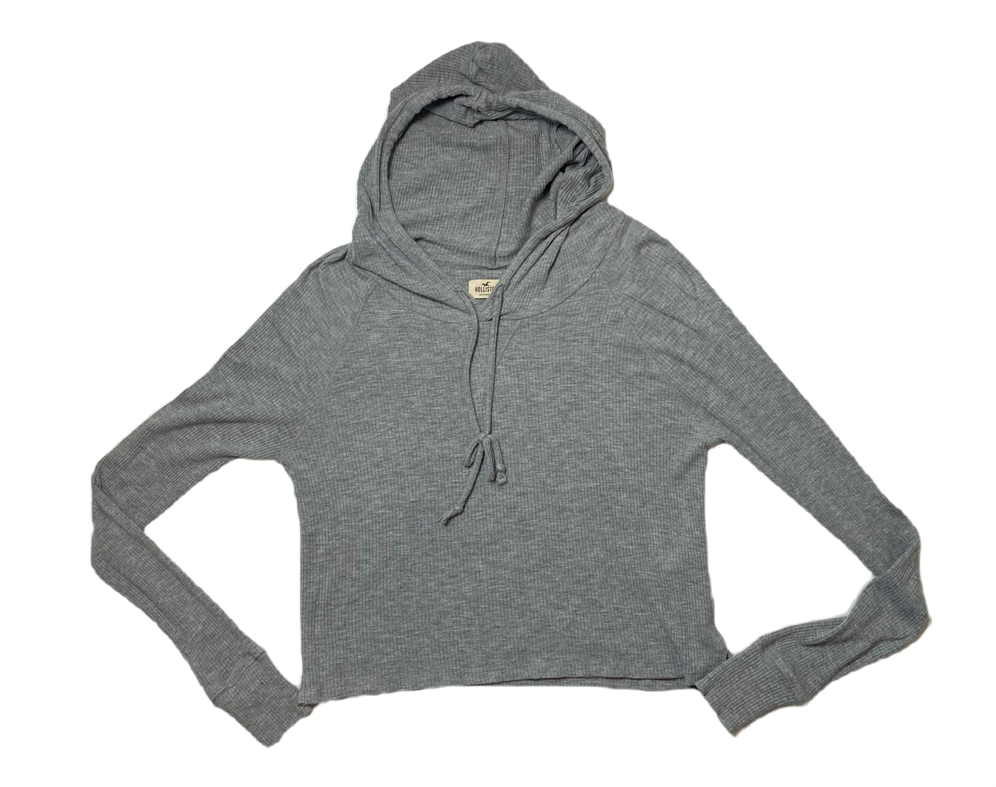 Hollister Grey Cropped Knit Pullover Hoodie Size S  Get cozy with the Hollister Grey Cropped Knit Pullover Hoodie in size S. This playful hoodie features a cropped d
