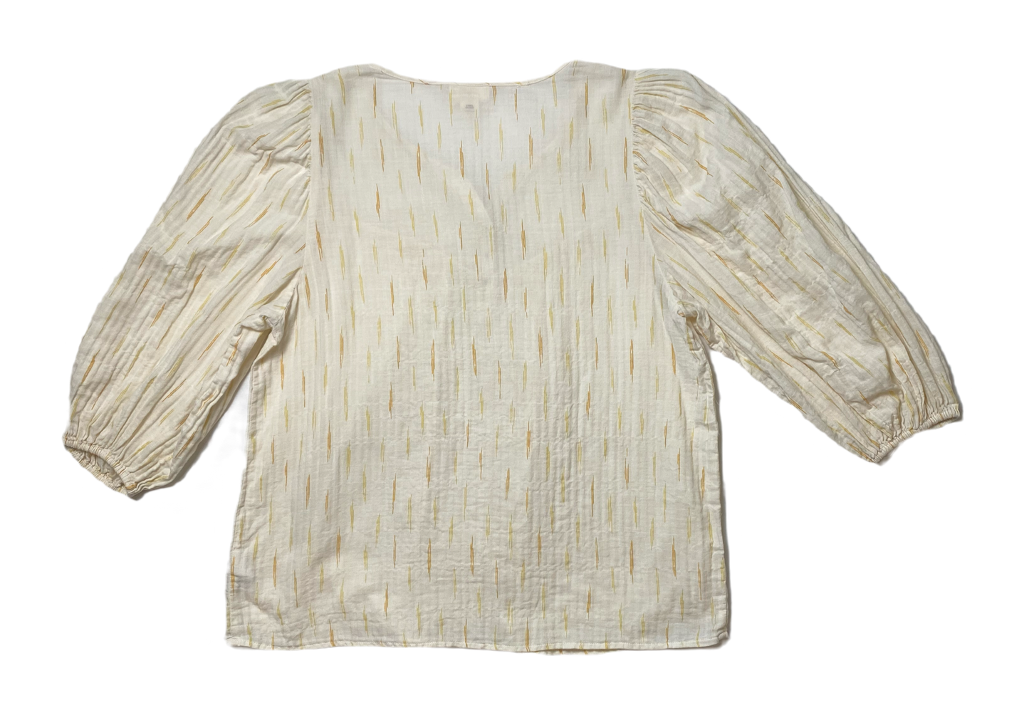 ana Cream Peasant Style 3/4 Sleeve Print Blouse Add a touch of bohemian charm to your wardrobe with a.n.a.'s Cream Peasant Style Blouse. Featuring a subtle tan pr