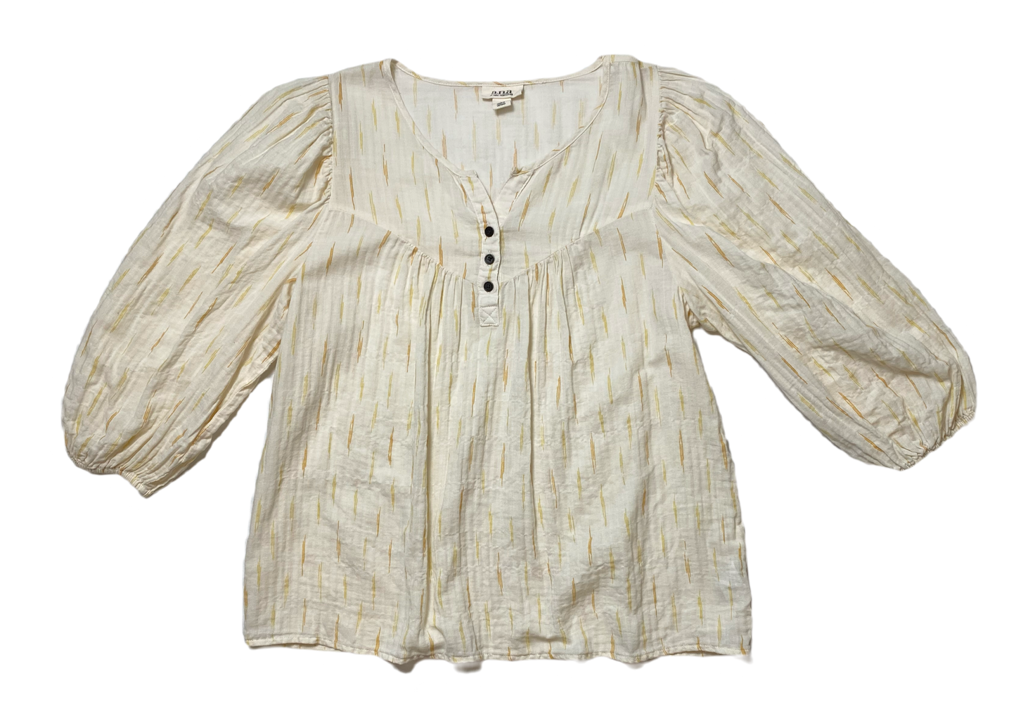 ana Cream Peasant Style 3/4 Sleeve Print Blouse Add a touch of bohemian charm to your wardrobe with a.n.a.'s Cream Peasant Style Blouse. Featuring a subtle tan pr
