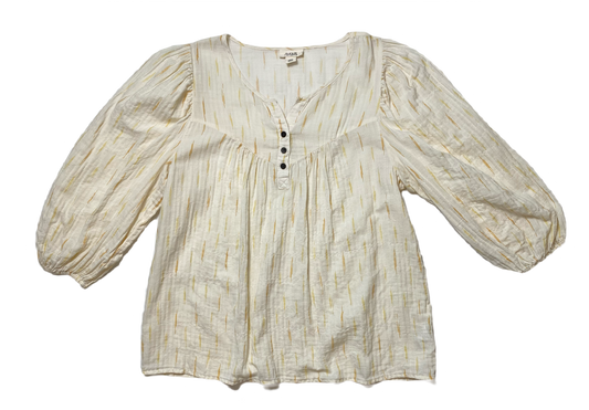 ana Cream Peasant Style 3/4 Sleeve Print Blouse Add a touch of bohemian charm to your wardrobe with a.n.a.'s Cream Peasant Style Blouse. Featuring a subtle tan pr