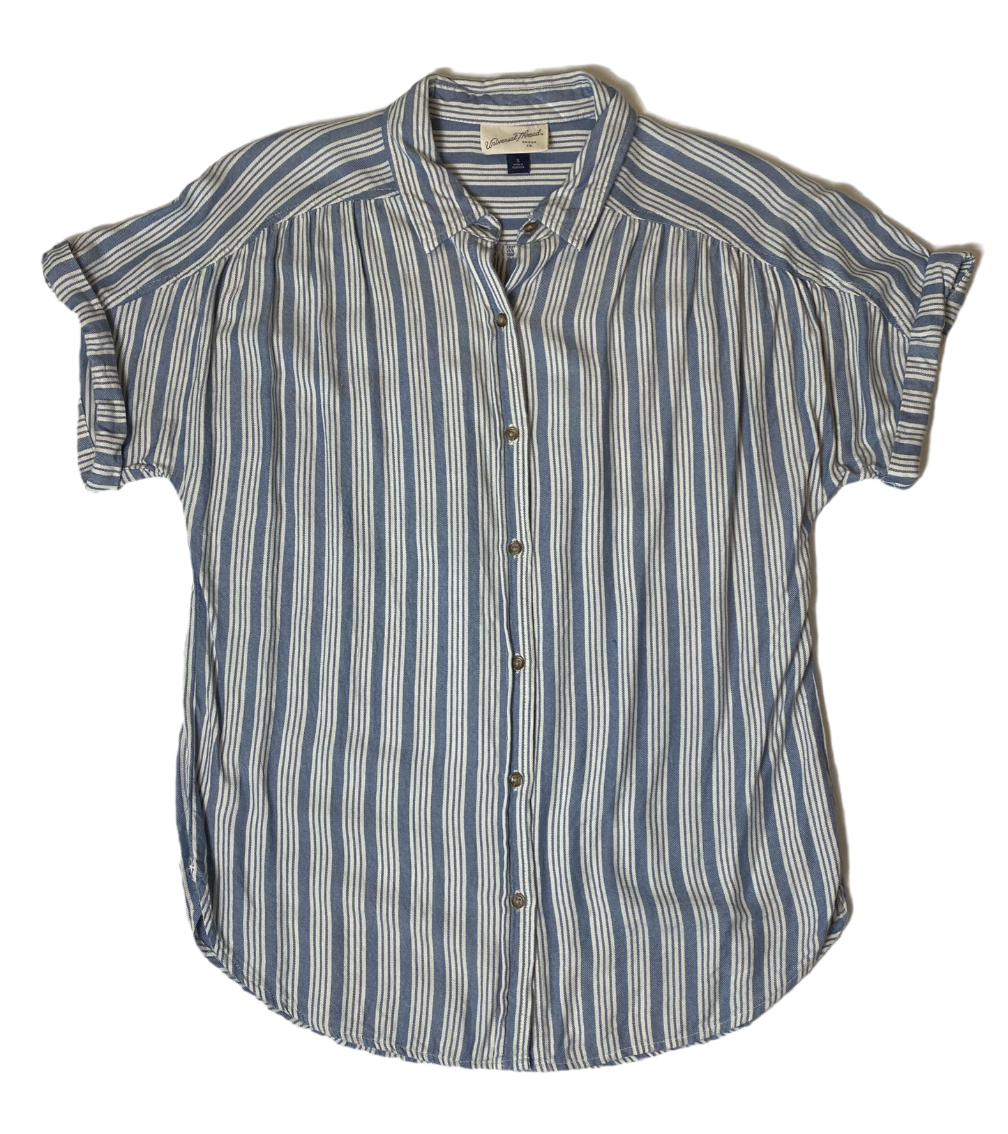Universal Threads Blue and White Stripe BlouseUniversal Threads blue and white stripe blouse. Cap sleeve, button front with collar.