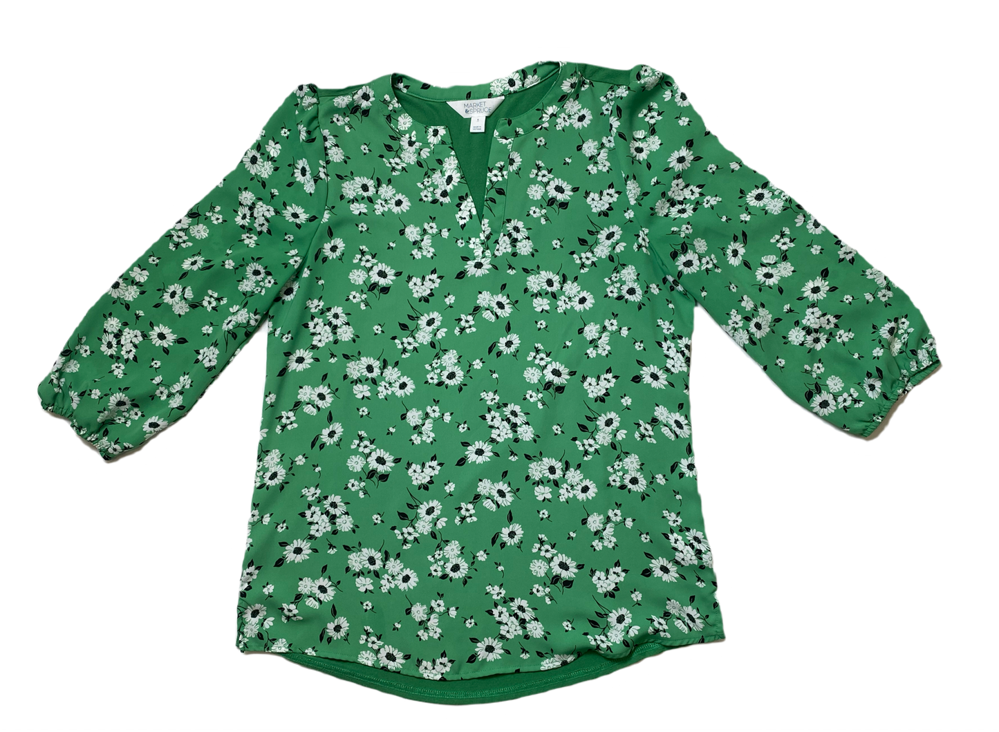 Market & Spruce Green Print Blouse Market & Spruce green with white and black floral print blouse. 
This blouse would look great with white pants for a casual lunch date!