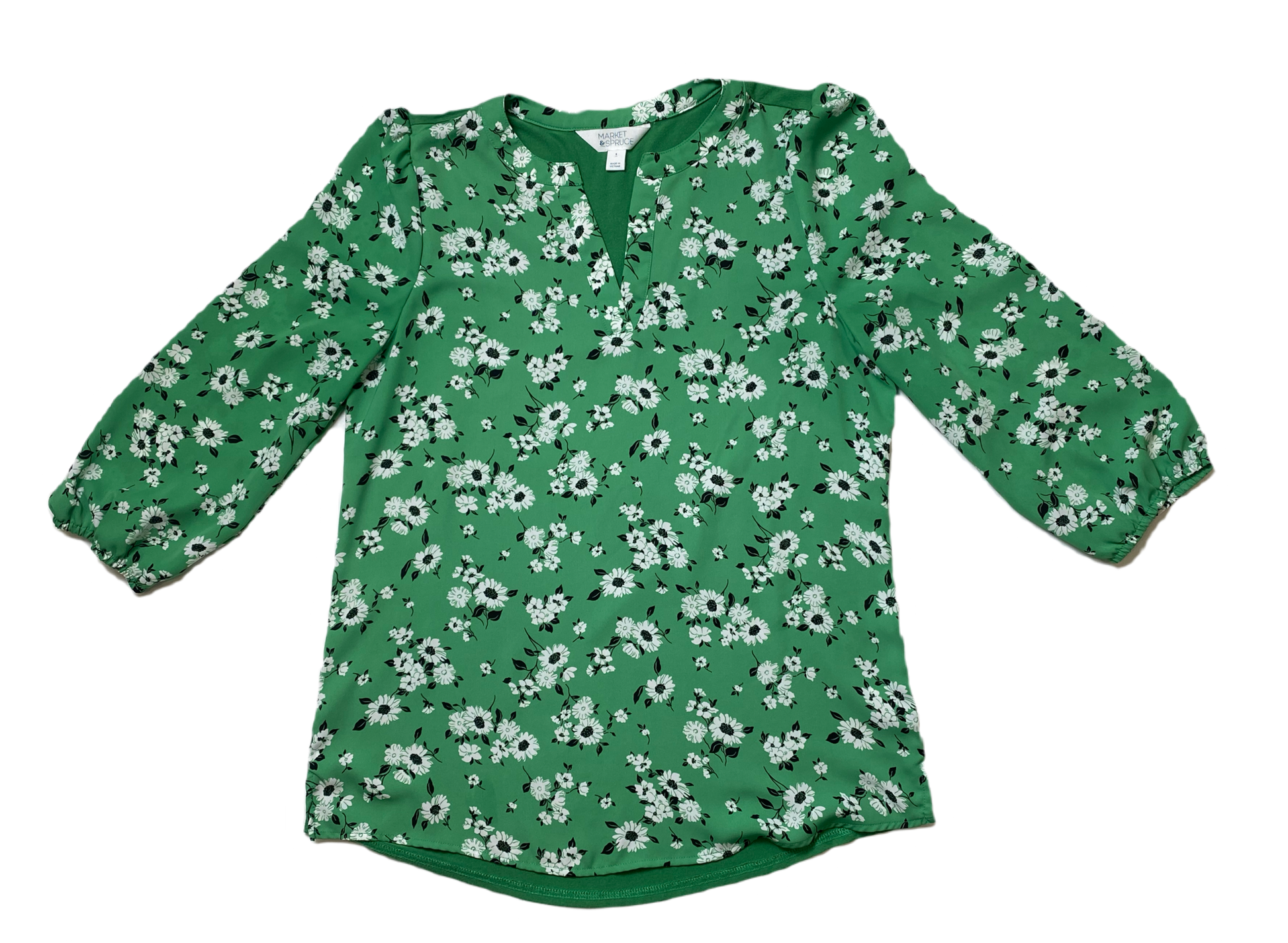 Market & Spruce Green Print Blouse Market & Spruce green with white and black floral print blouse. 
This blouse would look great with white pants for a casual lunch date!