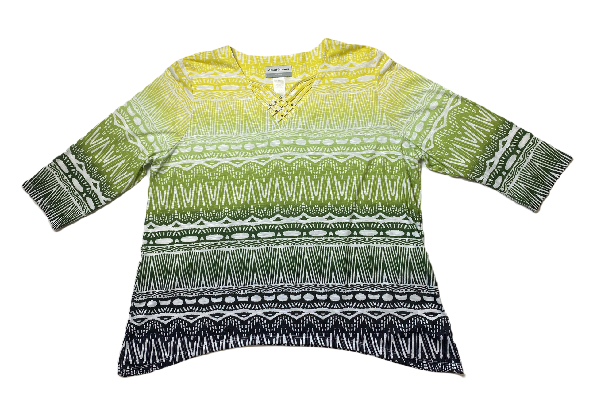 Alfred Dunner Ombre Print TopAlfred Dunner ombre print top with 3/4 sleeves and criss cross details at neck.