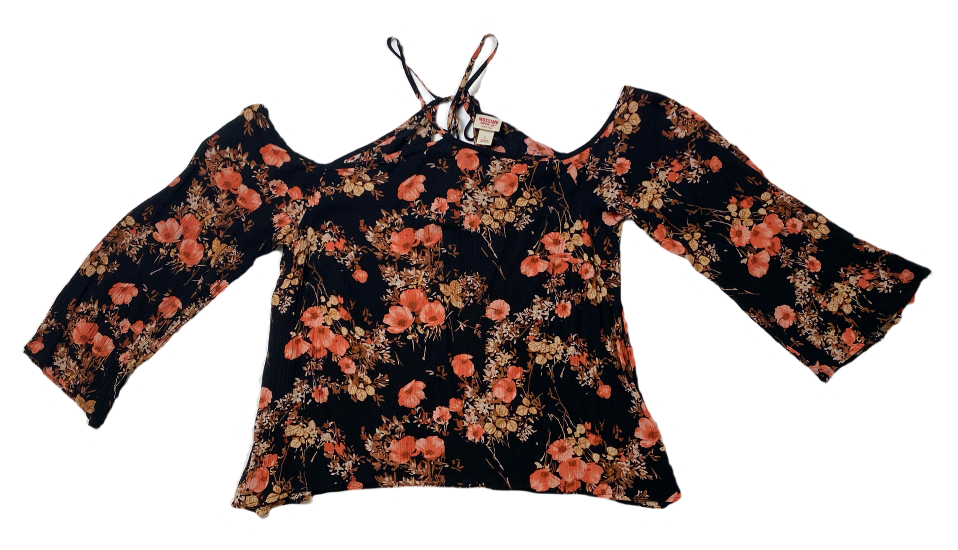 Mossimo Black Floral Print BlouseMossimo Supply Co black floral print top with hater type neck and cold shoulder sleeves.
Pair this with denim shorts and black sandals for a beach day with friends!
