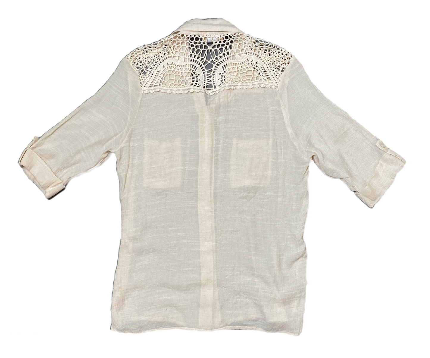 Lavish Cream Blouse with Crochet Accent.Lavish Cream button front blouse with crochet accent. Roll up sleeves and front pockets.