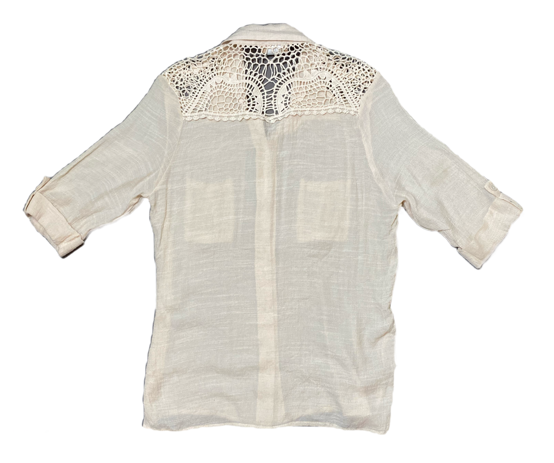 Lavish Cream Blouse with Crochet Accent.Lavish Cream button front blouse with crochet accent. Roll up sleeves and front pockets.