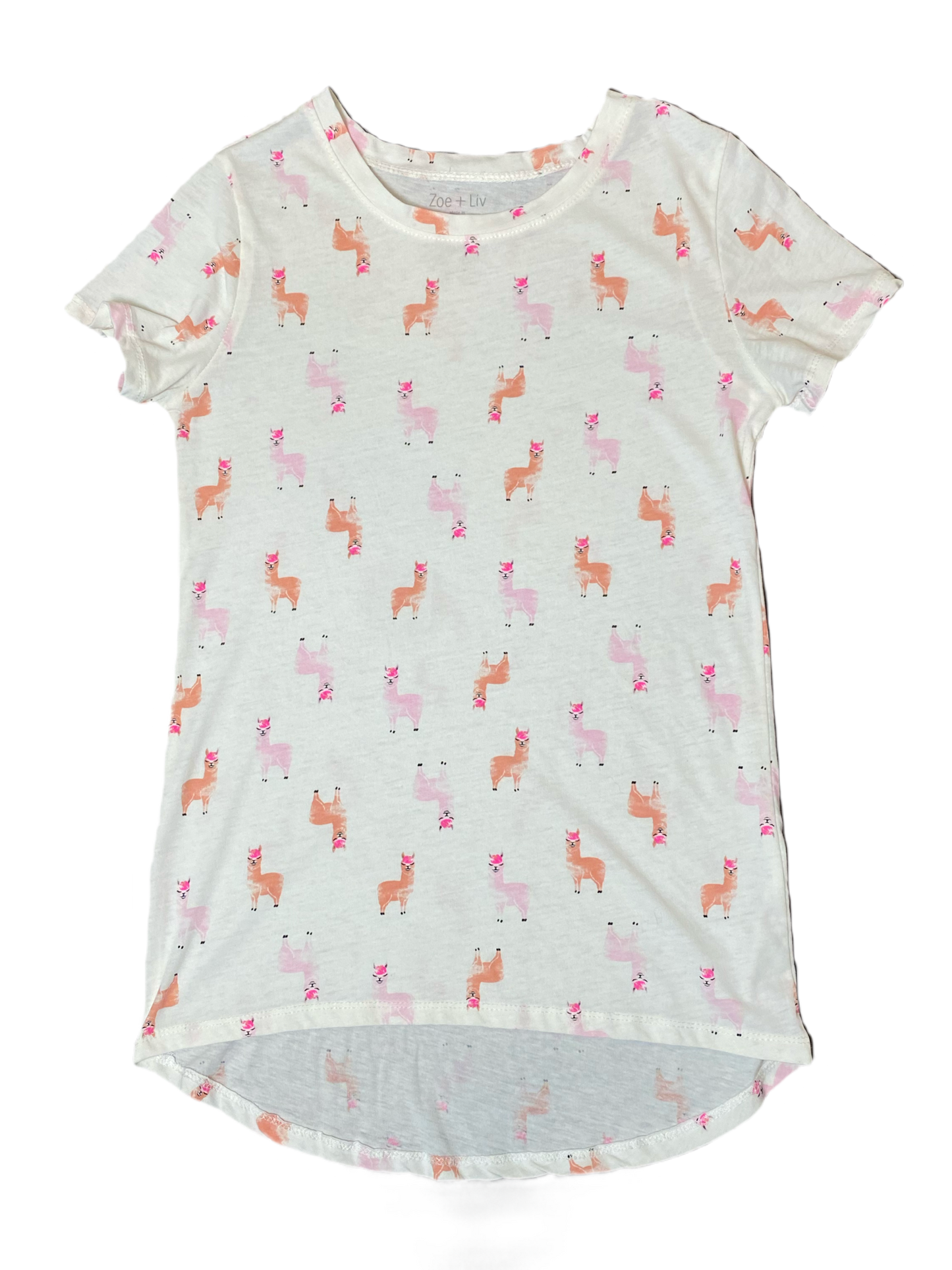 Zoe + Liv LLama T-shirt Size Small Unleash your inner llama lover with this Zoe + Liv Llama T-shirt! Featuring a playful white design with a pop of orange and pink,