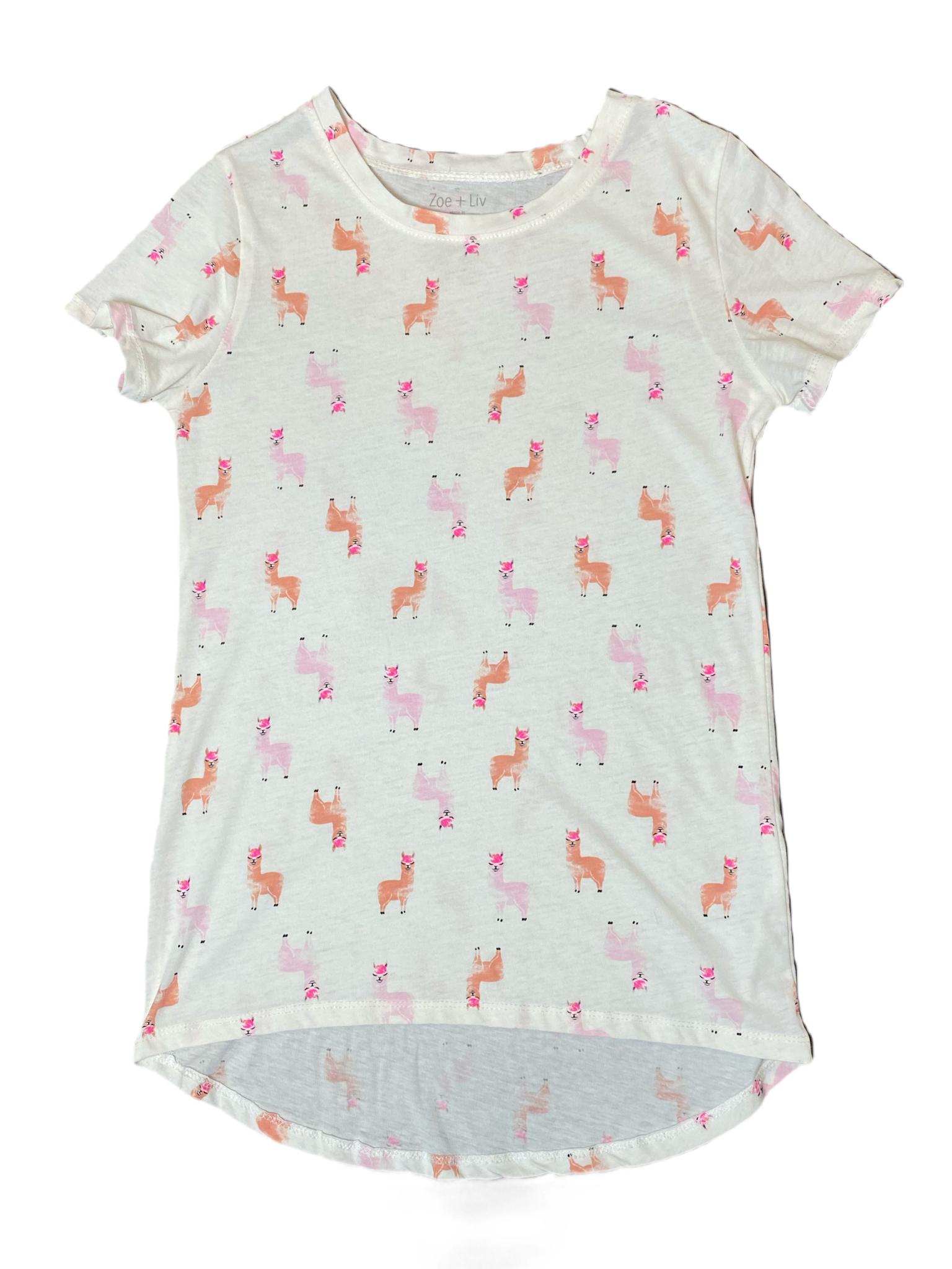 Zoe + Liv LLama T-shirt Size Small Unleash your inner llama lover with this Zoe + Liv Llama T-shirt! Featuring a playful white design with a pop of orange and pink,
