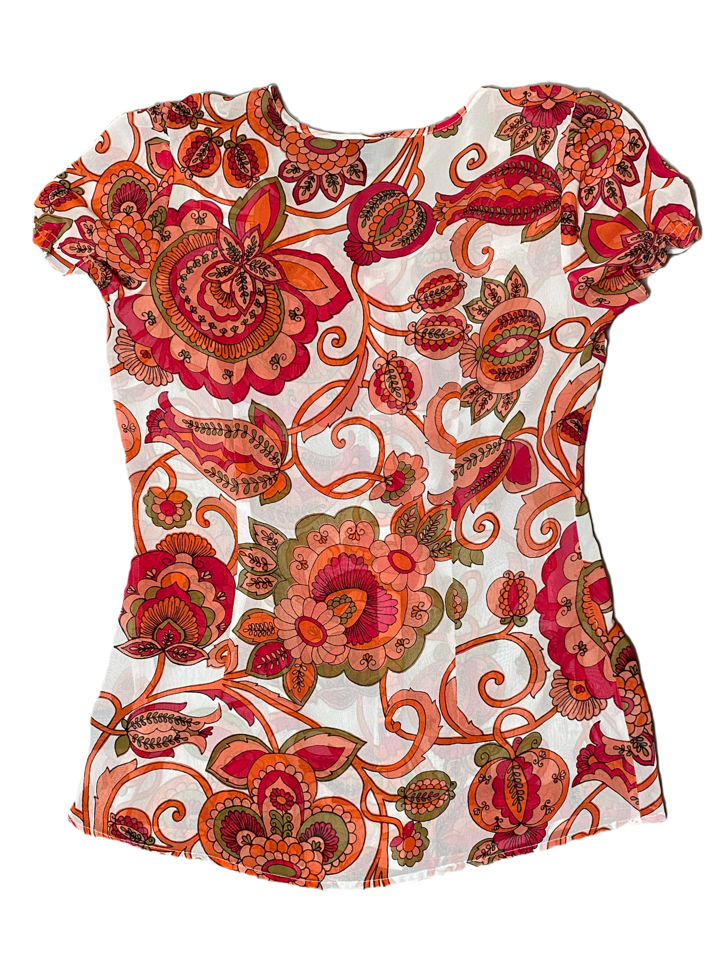 East 5th Cap Sleeve Printed Blouse Size Small East 5th Printed Blouse white sheer blouse with floral print. Button front with ruffle at neck and down front center.