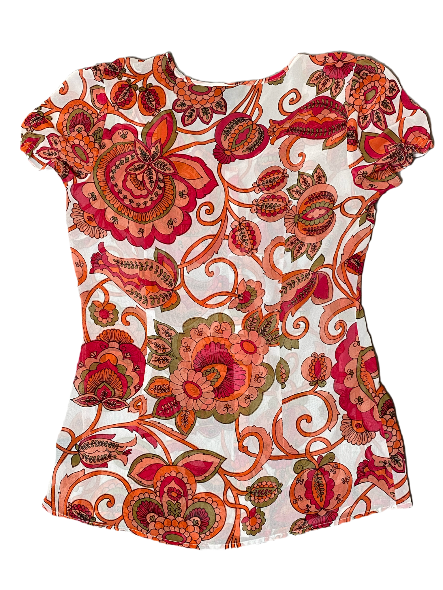 East 5th Cap Sleeve Printed Blouse Size Small East 5th Printed Blouse white sheer blouse with floral print. Button front with ruffle at neck and down front center.