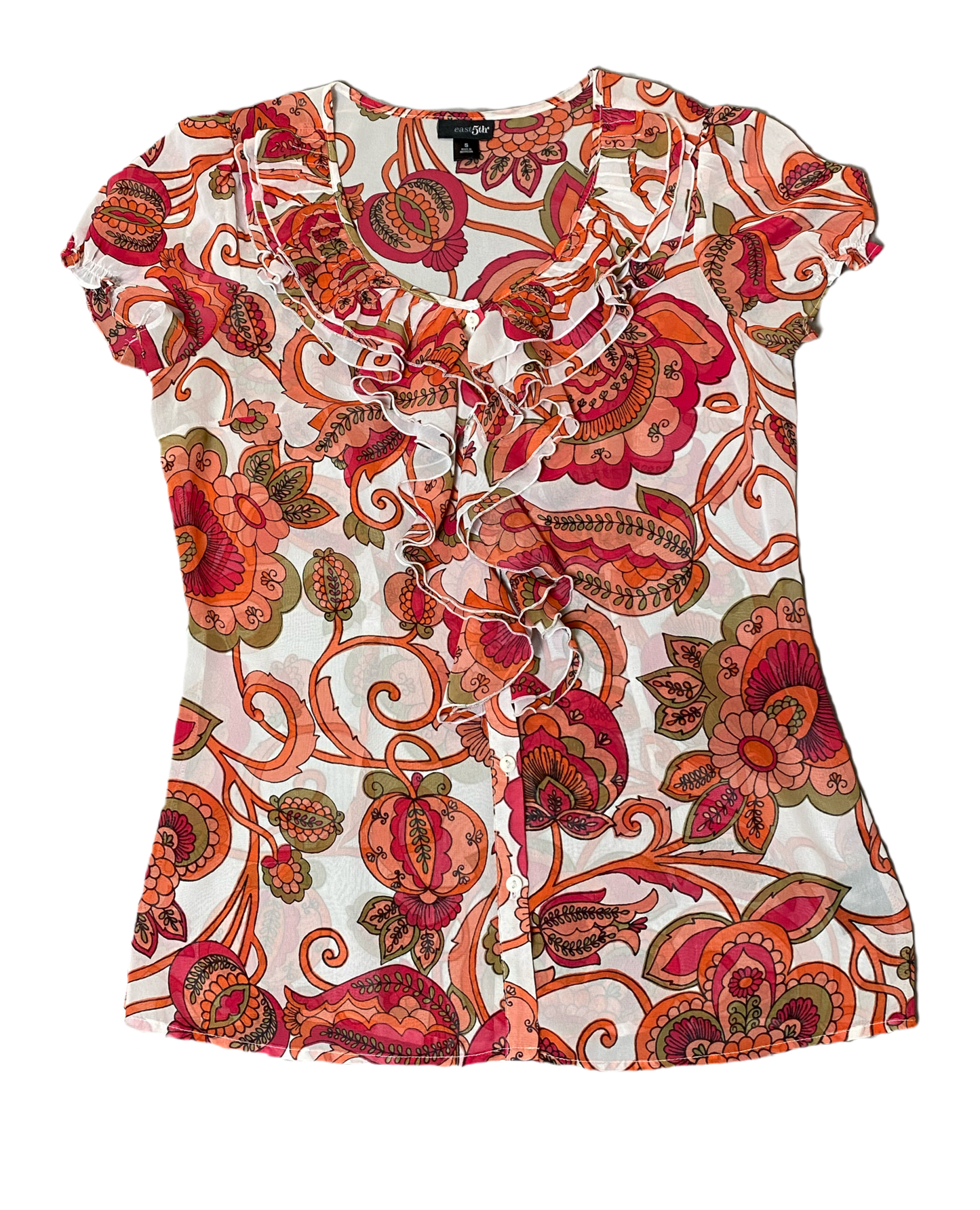 East 5th Cap Sleeve Printed Blouse Size Small East 5th Printed Blouse white sheer blouse with floral print. Button front with ruffle at neck and down front center.