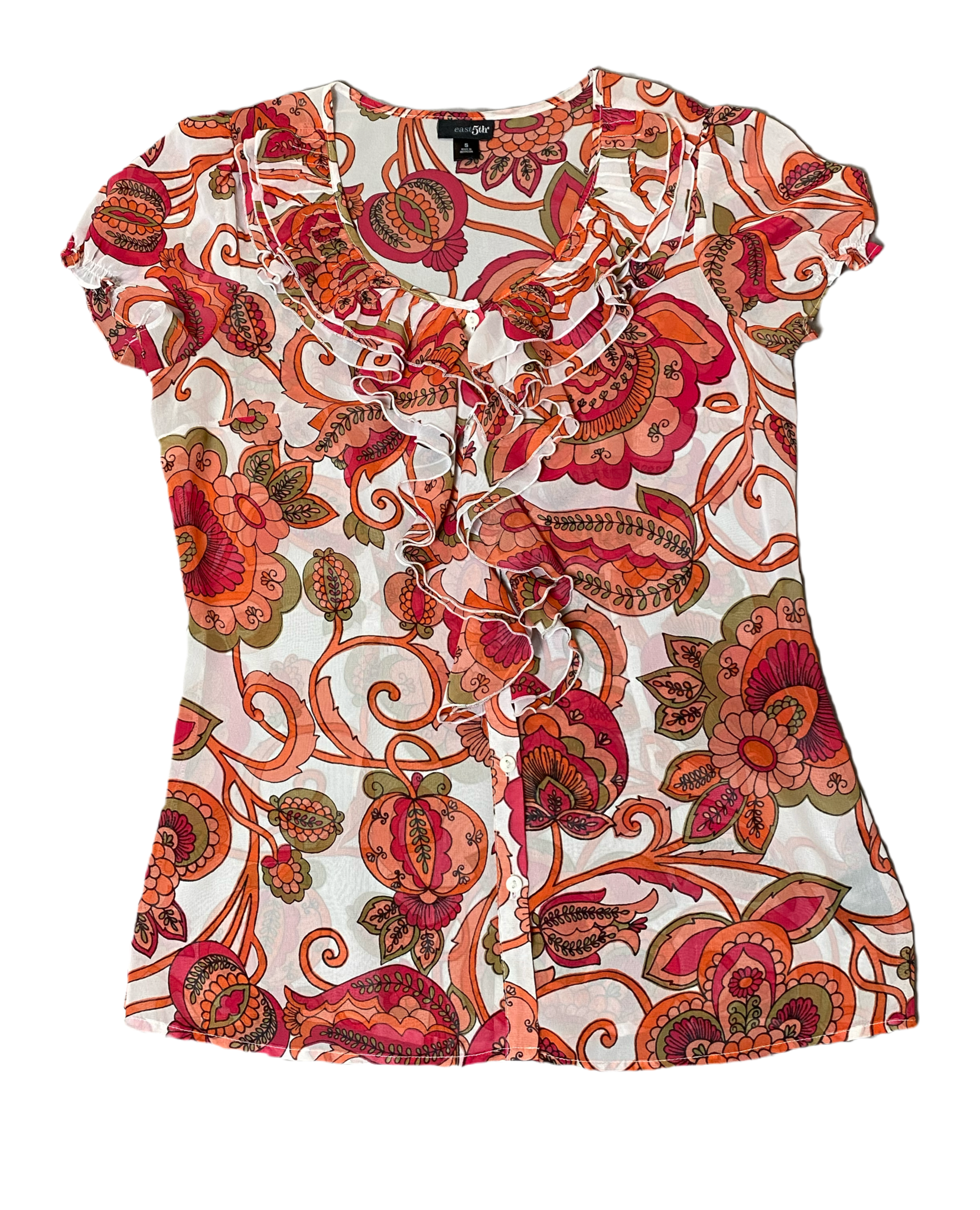 East 5th Cap Sleeve Printed Blouse Size Small East 5th Printed Blouse white sheer blouse with floral print. Button front with ruffle at neck and down front center.