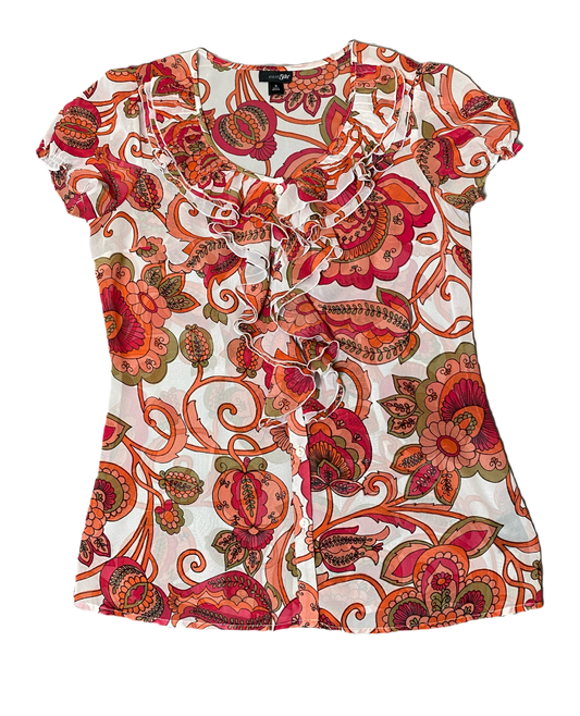 East 5th Cap Sleeve Printed Blouse Size Small East 5th Printed Blouse white sheer blouse with floral print. Button front with ruffle at neck and down front center.