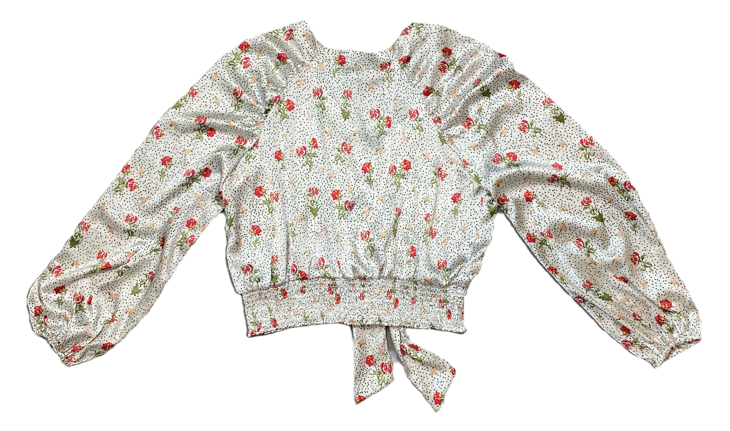 Topshop White Printed Silky BlouseTopshop long full sleeve silky printed blouse with button front and tie at elastic band waist.