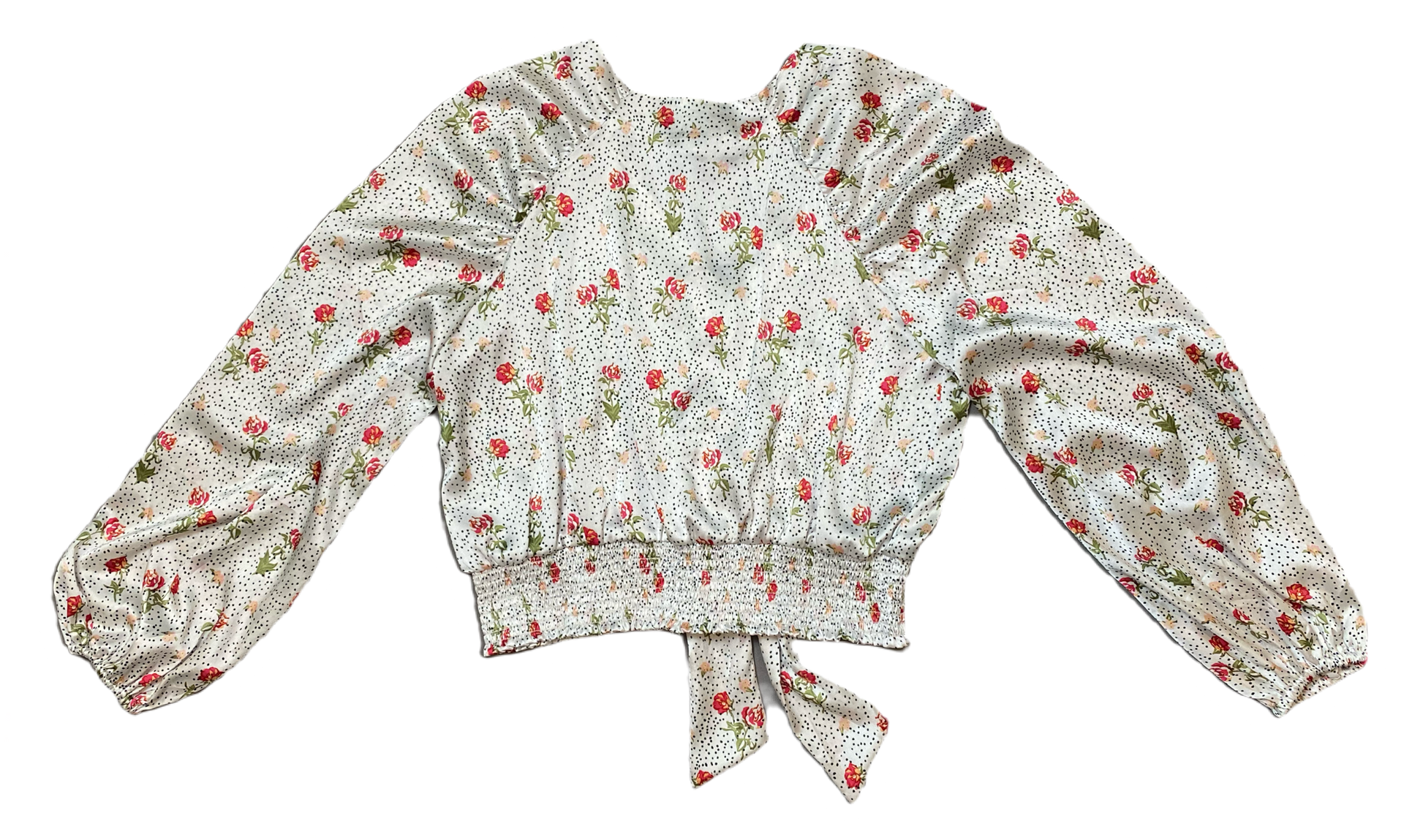 Topshop White Printed Silky BlouseTopshop long full sleeve silky printed blouse with button front and tie at elastic band waist.