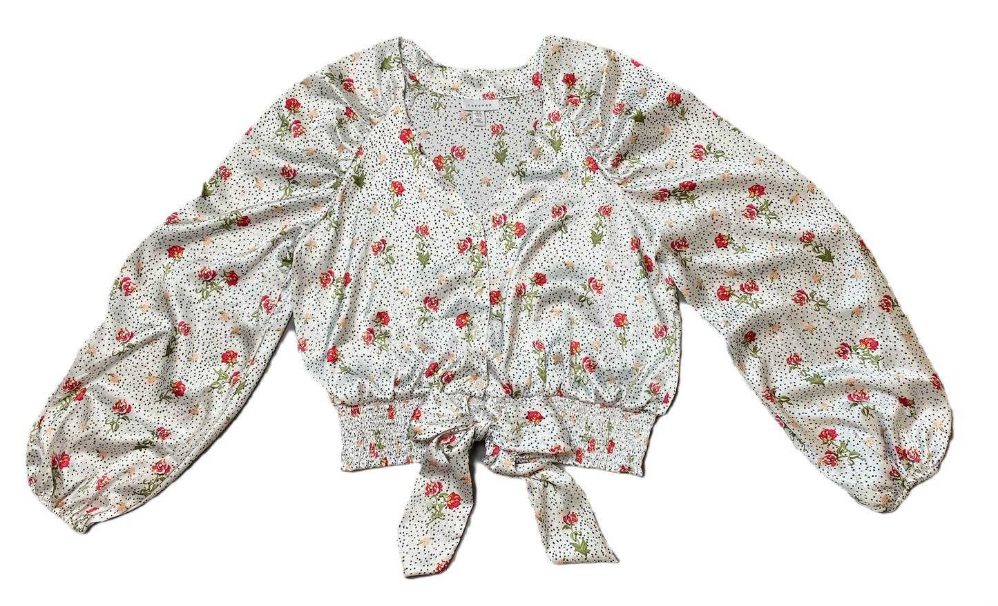Topshop White Printed Silky BlouseTopshop long full sleeve silky printed blouse with button front and tie at elastic band waist.