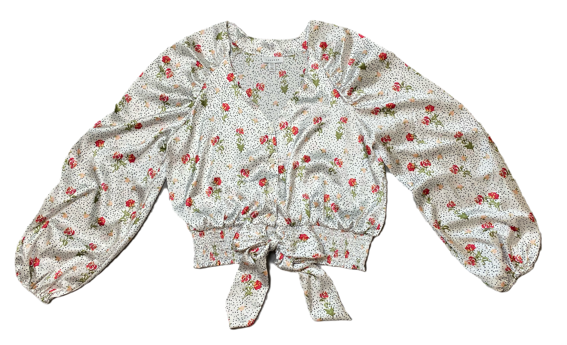 Topshop White Printed Silky BlouseTopshop long full sleeve silky printed blouse with button front and tie at elastic band waist.
