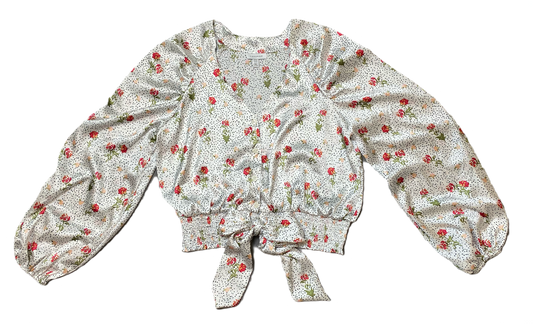 Topshop White Printed Silky BlouseTopshop long full sleeve silky printed blouse with button front and tie at elastic band waist.