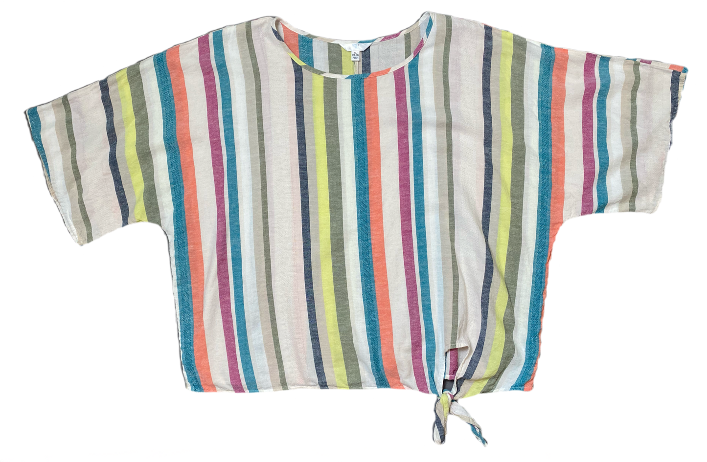 Time & Tru Striped Tie Front Blouse Size XL (16-18) Add some fun to your wardrobe with the Time & Tru Striped Blouse! This colorful linen blend blouse features a