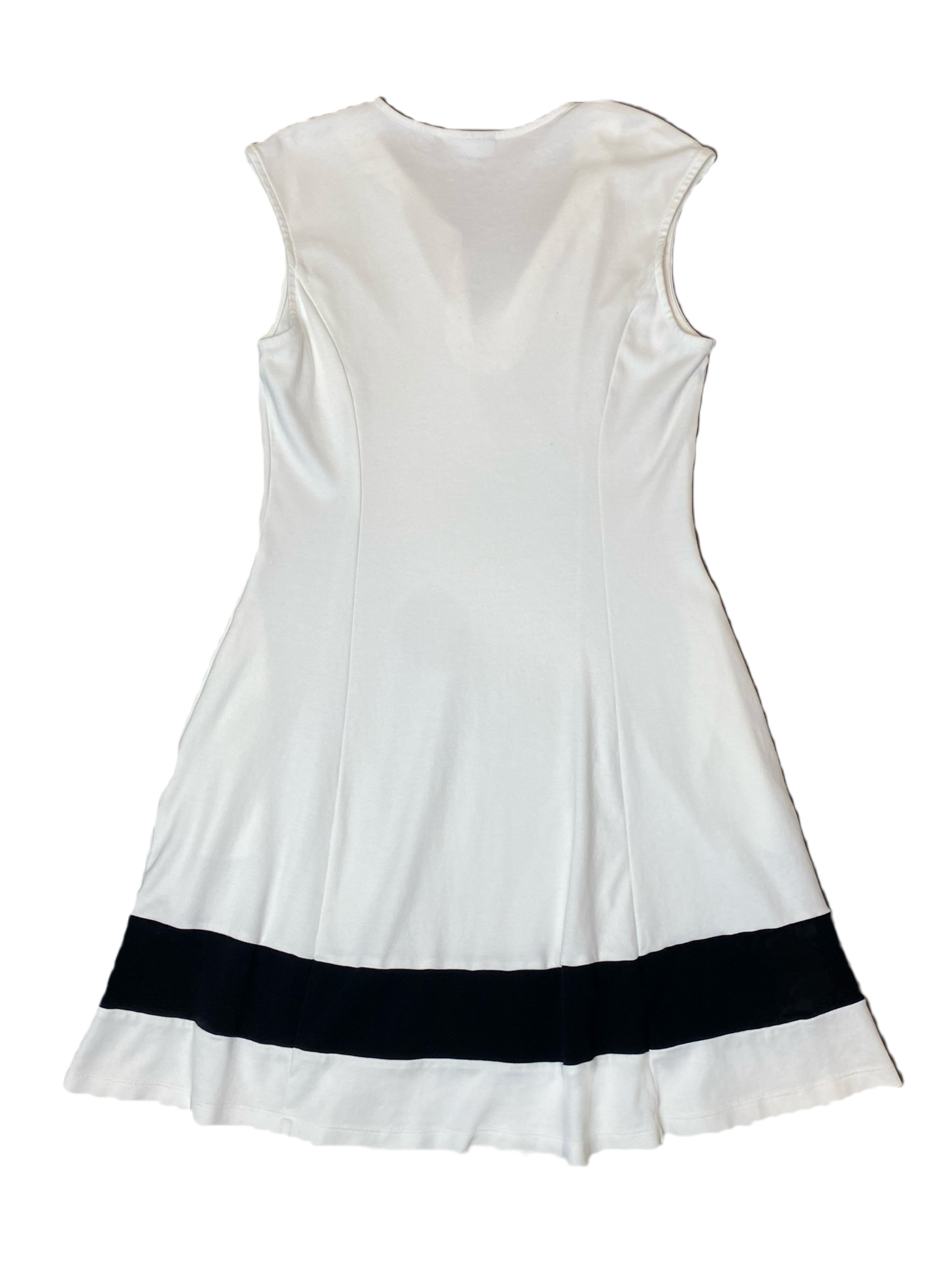 New York and Company White Fit and Flare Dress New York and Company white sleeveless fit and flare dress with black band at bottom.