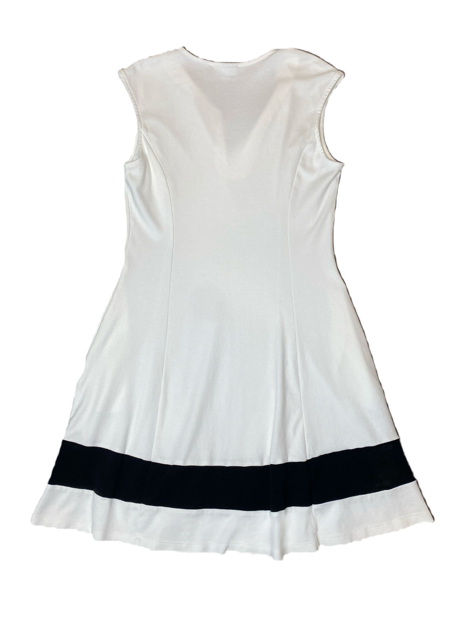 New York and Company White Fit and Flare Dress New York and Company white sleeveless fit and flare dress with black band at bottom.