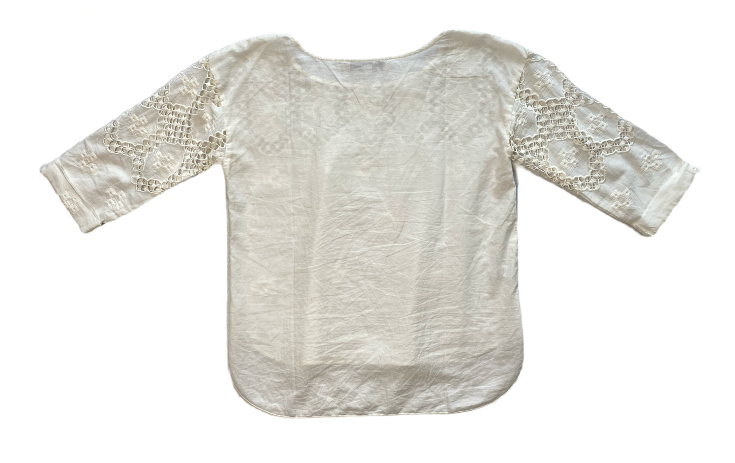 Loft Off White Top with Crochet Details  Elevate your style with this playful LOFT top. Featuring charming crochet details, 3/4 length sleeves, and a trendy shirttail he