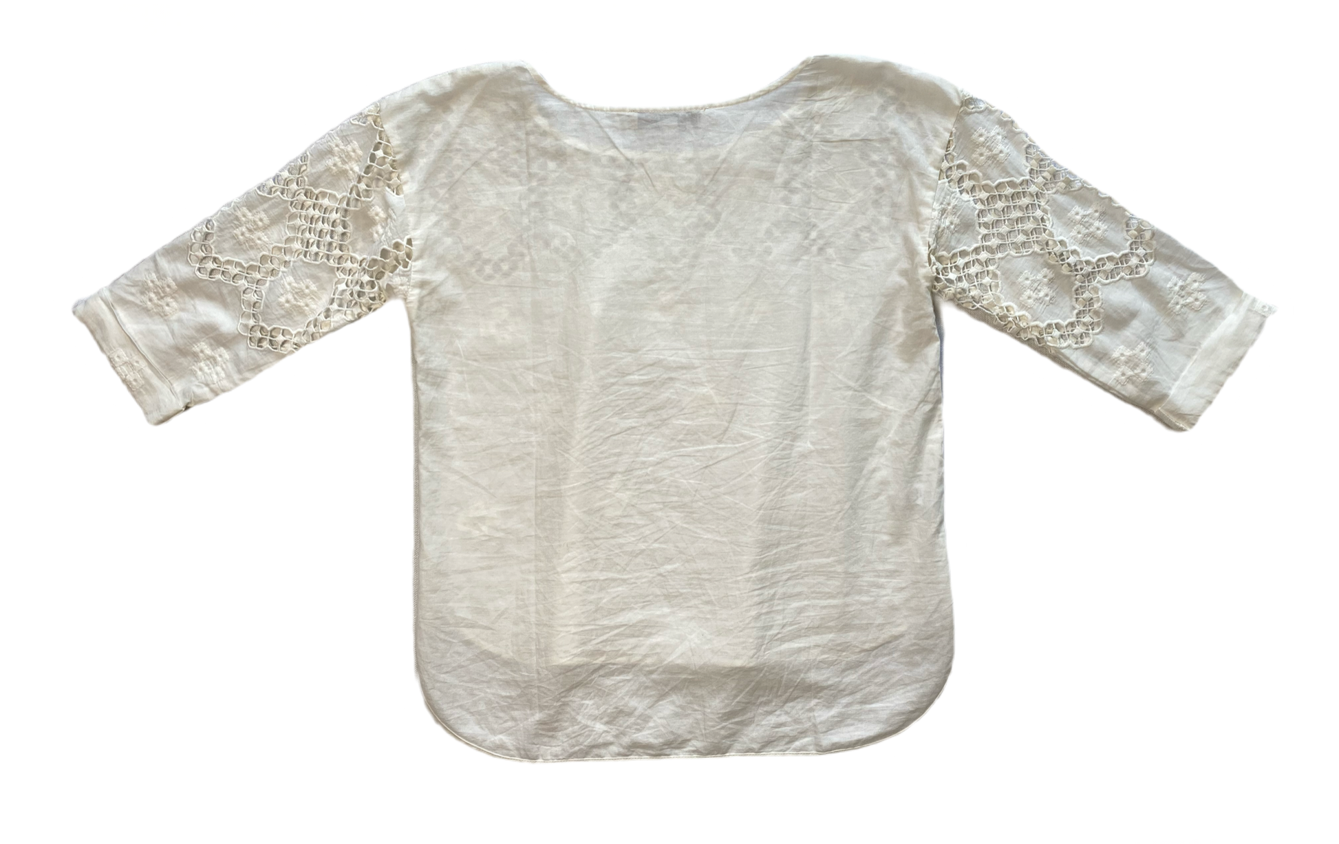 Loft Off White Top with Crochet Details  Elevate your style with this playful LOFT top. Featuring charming crochet details, 3/4 length sleeves, and a trendy shirttail he