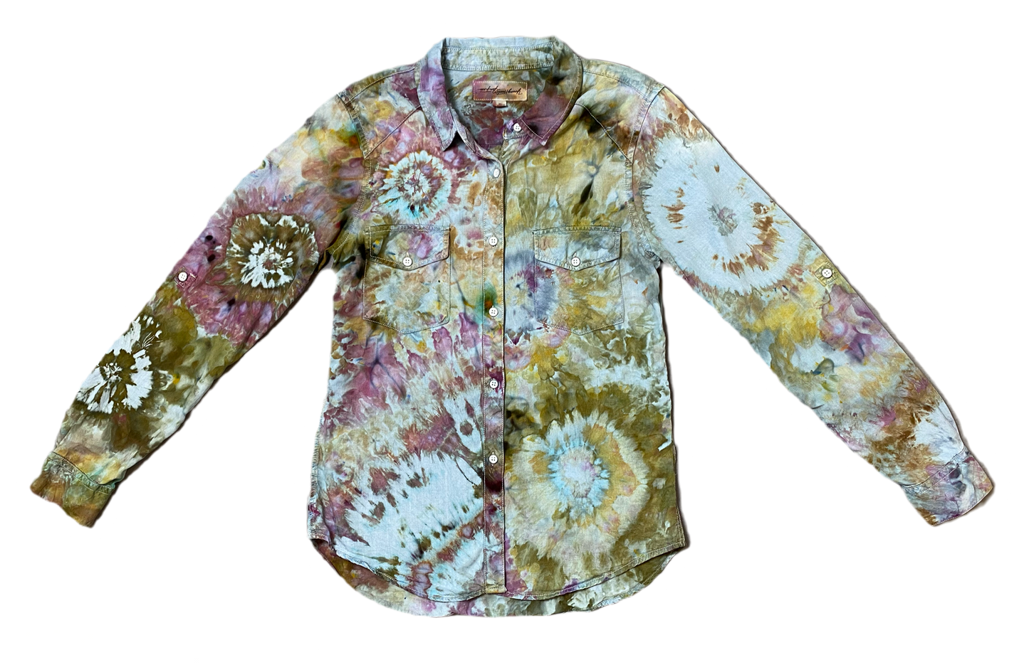 REFRESHED- Young Hearts Run Free Hand Dyed ShirtRefreshed - Custom hand dyed Young Hearts Run Free button front rayon blouse.
This one of a kind blouse would look great on it's own, or as an accent over a tank top