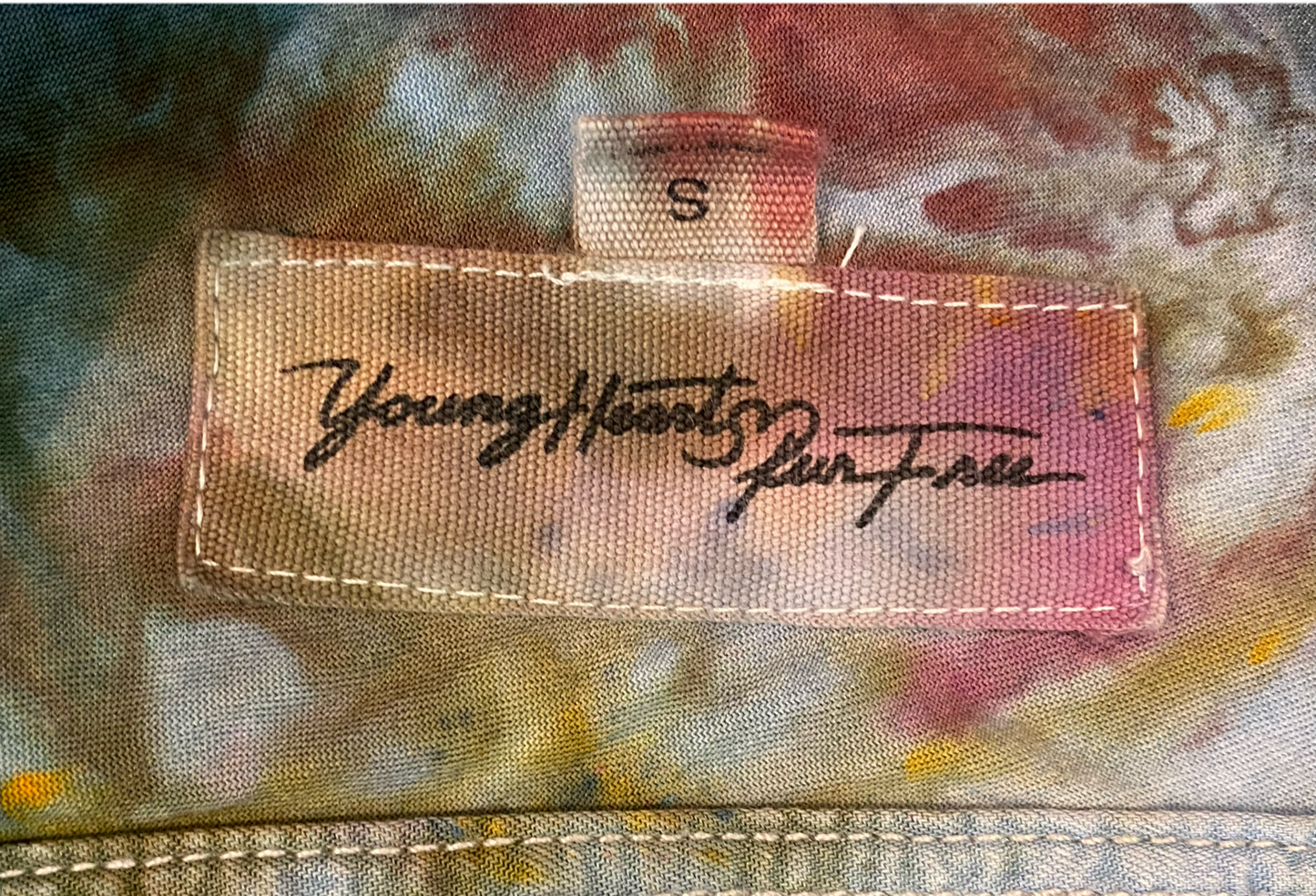 REFRESHED- Young Hearts Run Free Hand Dyed ShirtRefreshed - Custom hand dyed Young Hearts Run Free button front rayon blouse.
This one of a kind blouse would look great on it's own, or as an accent over a tank top