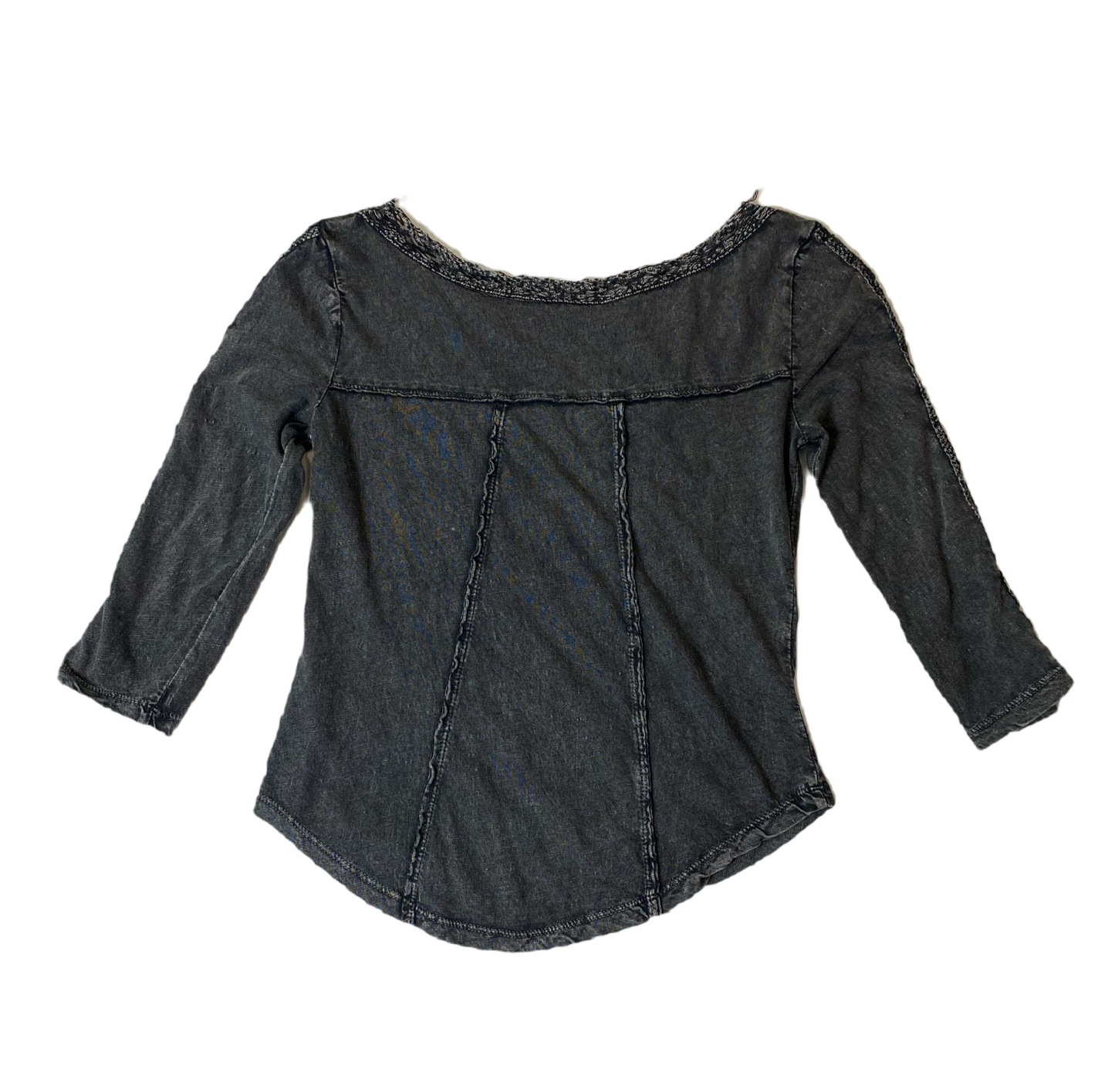 Free People Black Shirt with Lace Style DetailsFree People black shirt with lace style details on front and boat neck.