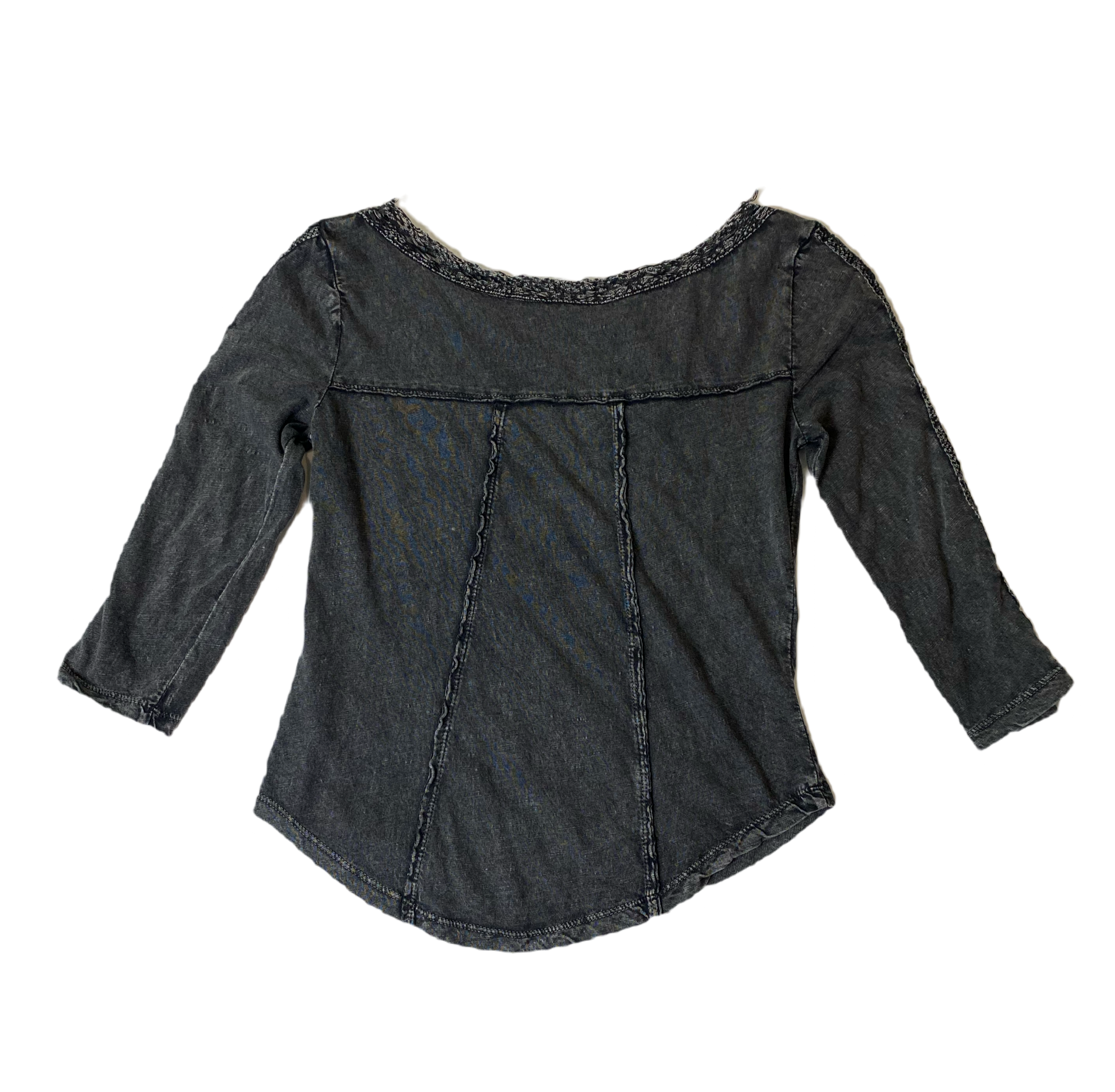 Free People Black Shirt with Lace Style DetailsFree People black shirt with lace style details on front and boat neck.