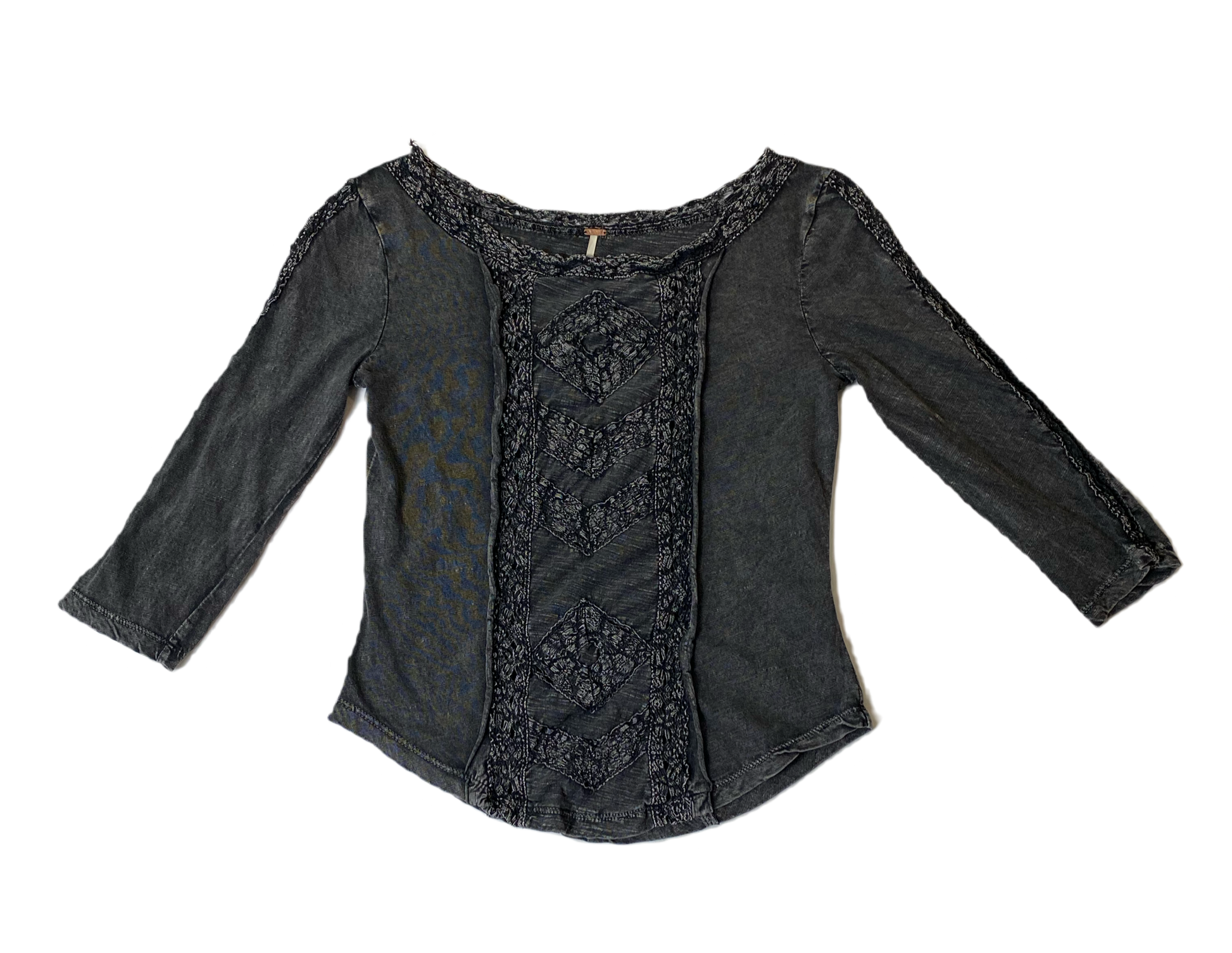 Free People Black Shirt with Lace Style DetailsFree People black shirt with lace style details on front and boat neck.