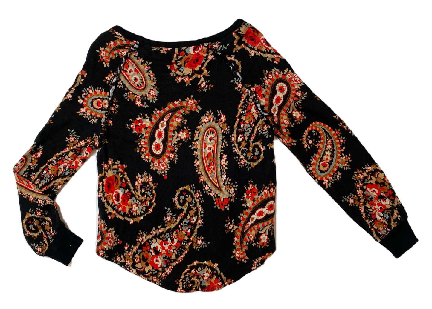 Loft Outlet Paisley Print Knit TopBlack knit top with red, cream and green paisley print. Long sleeves with banded cuff. Added little ruffle detail at the arm seam.