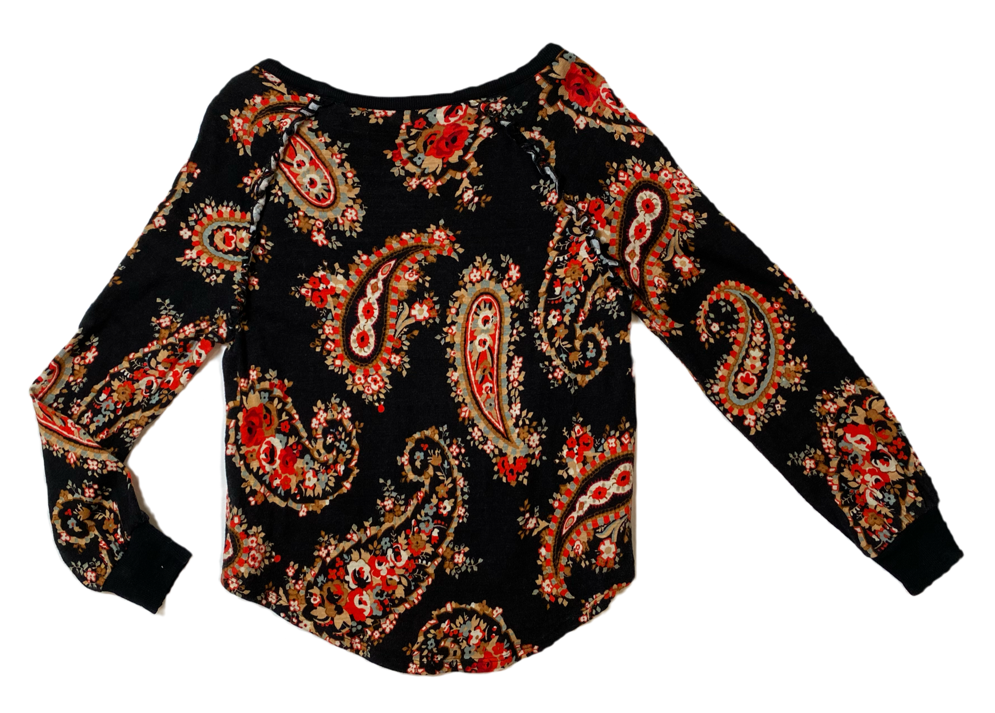 Loft Outlet Paisley Print Knit TopBlack knit top with red, cream and green paisley print. Long sleeves with banded cuff. Added little ruffle detail at the arm seam.