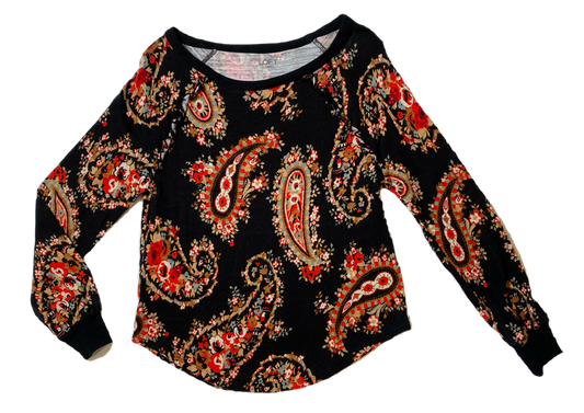 Loft Outlet Paisley Print Knit TopBlack knit top with red, cream and green paisley print. Long sleeves with banded cuff. Added little ruffle detail at the arm seam.