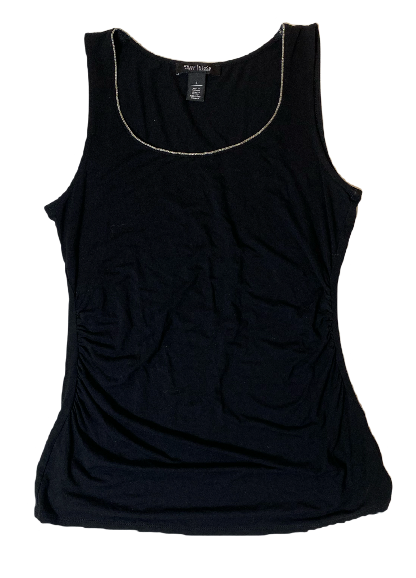 White House Black Market Black Jersey Tank Top with Beaded NecklineWHBM black jersey tank top with gathered sides and beaded neckline.
This cute top will quickly become a "go to" in your closet!!