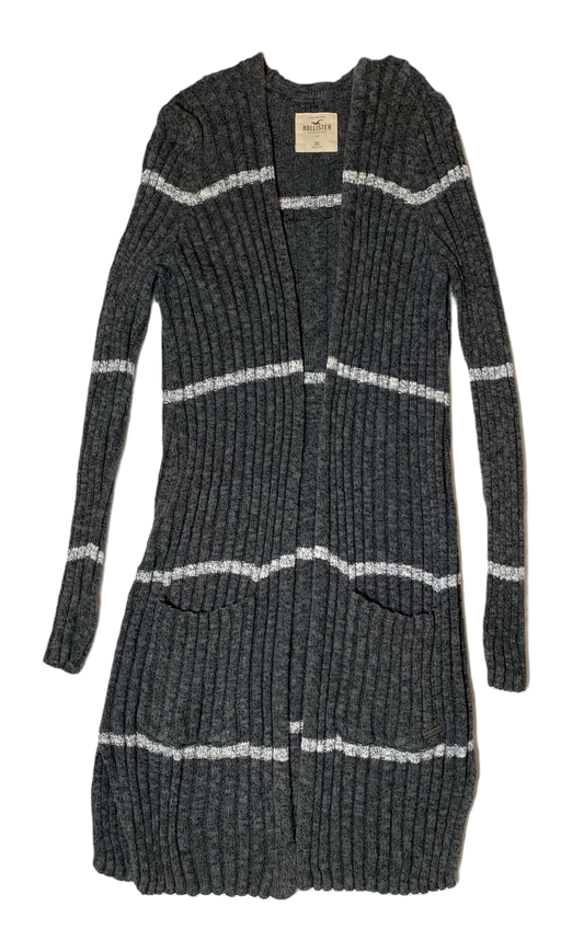 Hollister Long Grey Knit Cardigan Long grey knit open cardigan with white stripes and pockets.