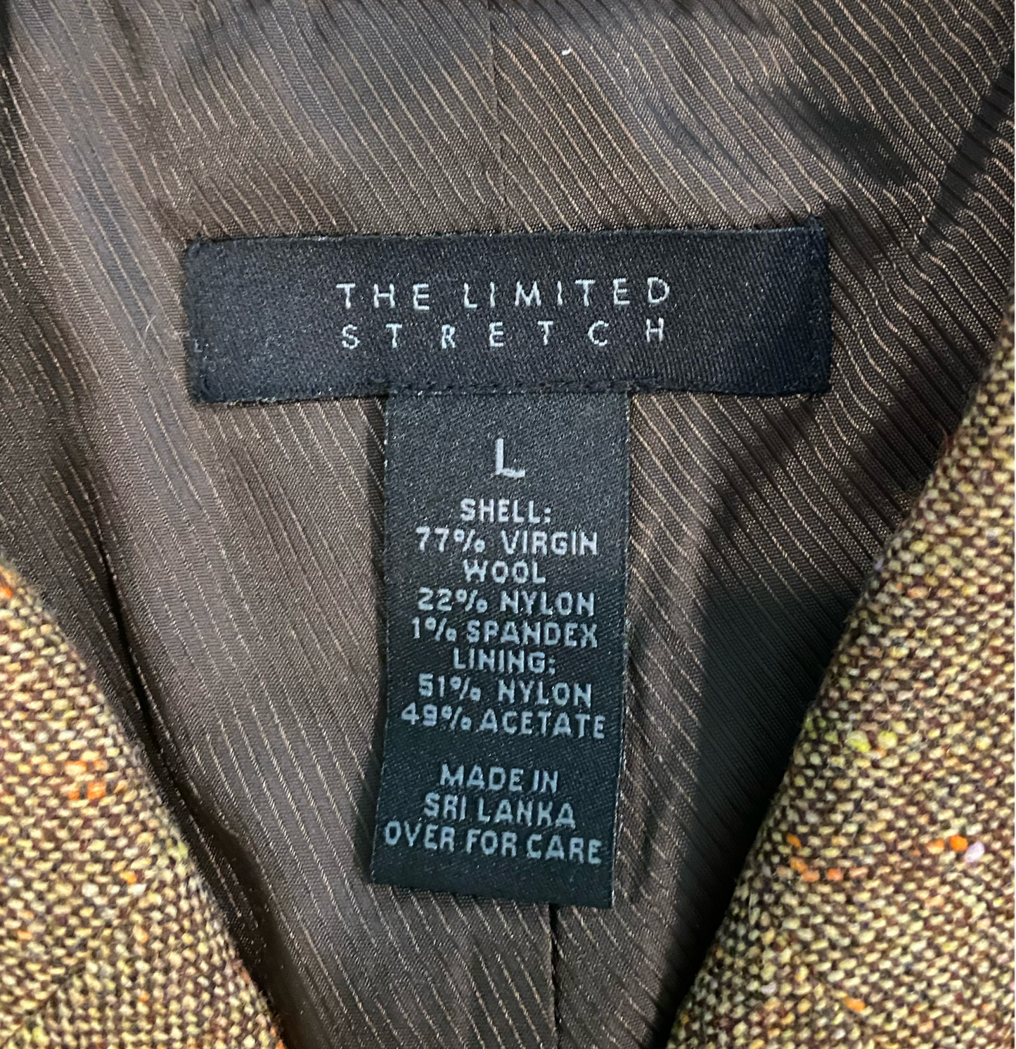 The Limited Stretch Tweed Blazer  Four button, lined, brown tweed, stretch blazer with front flap pockets.
Pair this with skinny jeans, tall boots and a cream tee for a fashionable Fall outfit!