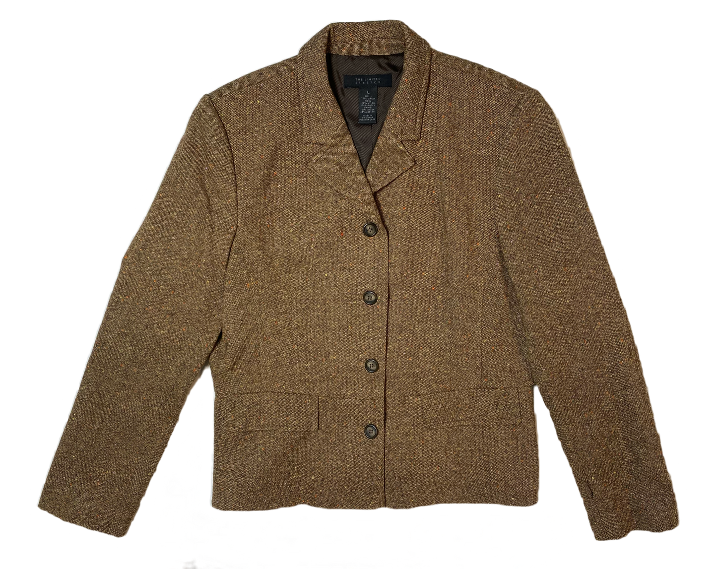 The Limited Stretch Tweed Blazer  Four button, lined, brown tweed, stretch blazer with front flap pockets.
Pair this with skinny jeans, tall boots and a cream tee for a fashionable Fall outfit!